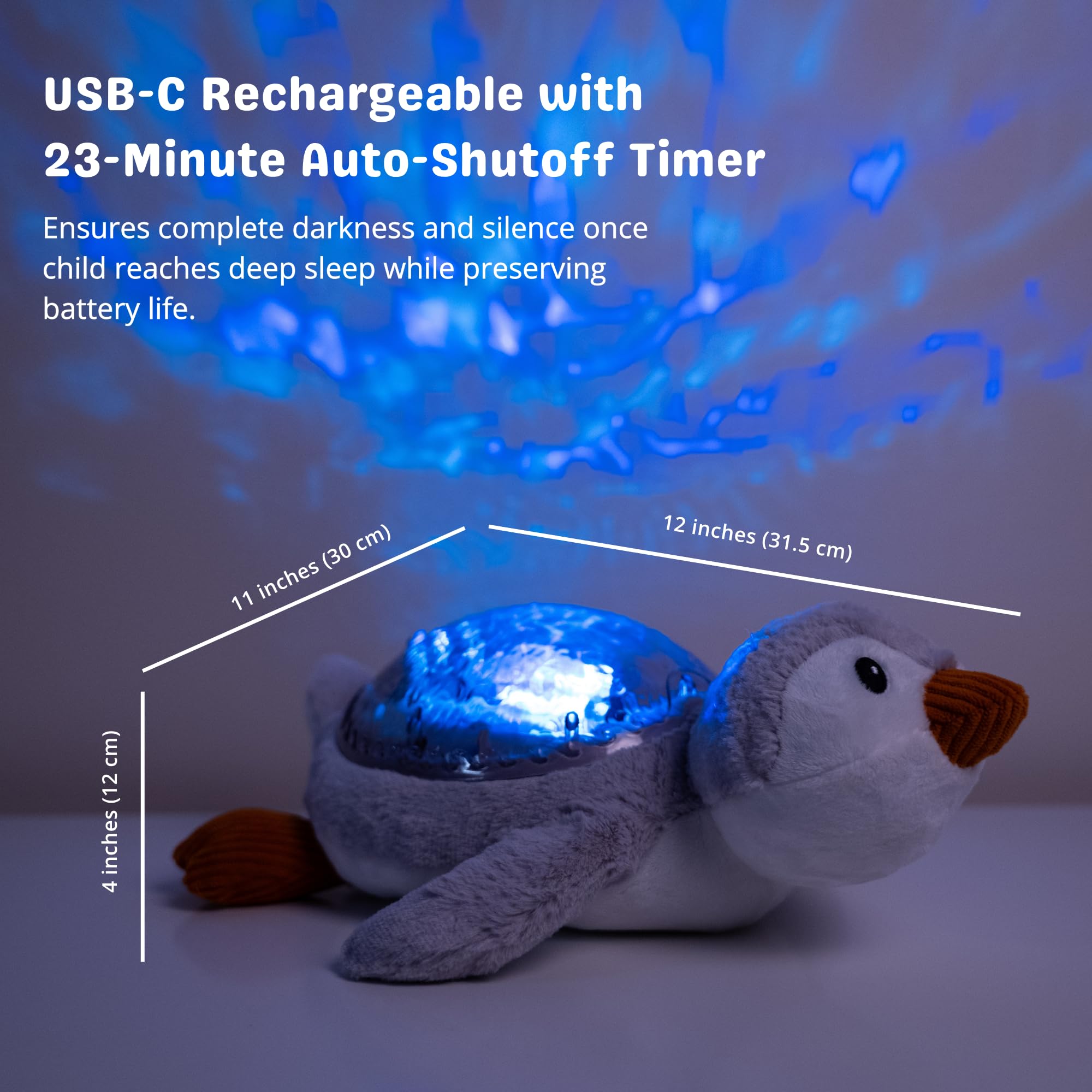 Cloud b Tranquil Penguin - Eco Baby Night Light & Sound Machine, Ocean Wave Projector, Cry Sensor, White Noise, USB-C Rechargeable, 100% Recycled Fabric