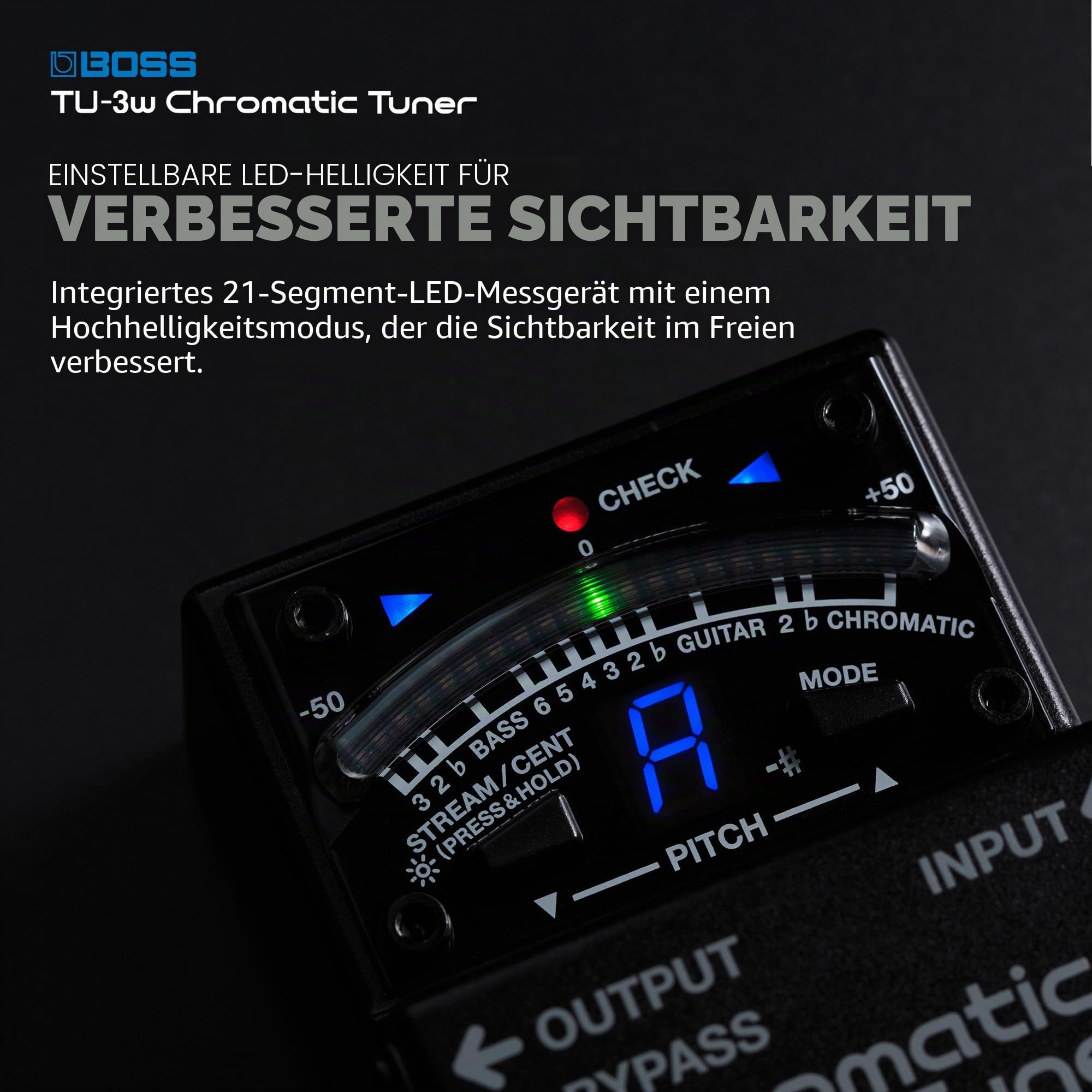 BOSS TU-3W Chromatischer Boden-Tuner auf Basis der innovativen Waza-Handwerkskunst | Extrem zuverlässiges Pedalboard-Tuning für Gitarre und Bass | Überarbeitete Schaltung