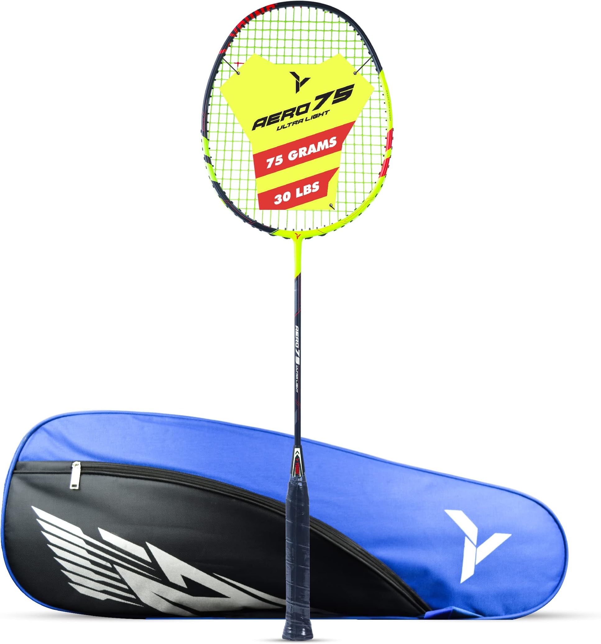 Young Aero 75 Ultra Light (75g, Pro-Grade) Strung Badminton Racket with Free Cover - Ultra Graphite Uni-Body Construction