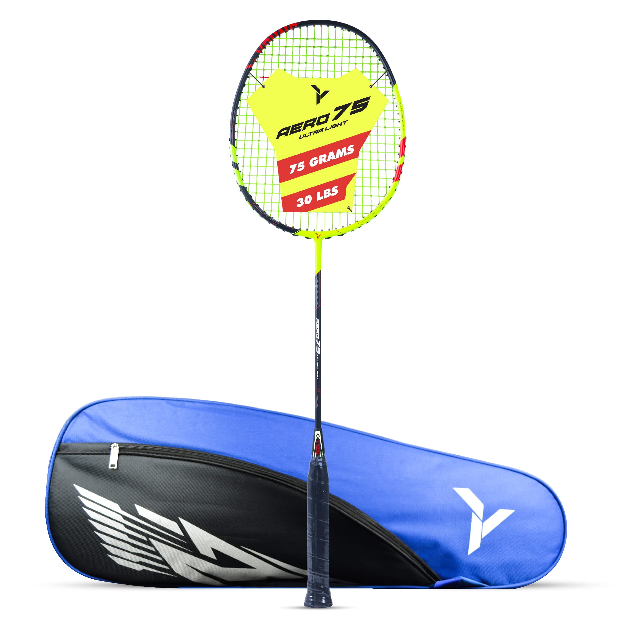 Young Aero 75 Ultra Light (75g, Pro-Grade) Strung Badminton Racket with Free Cover - Ultra Graphite Uni-Body Construction