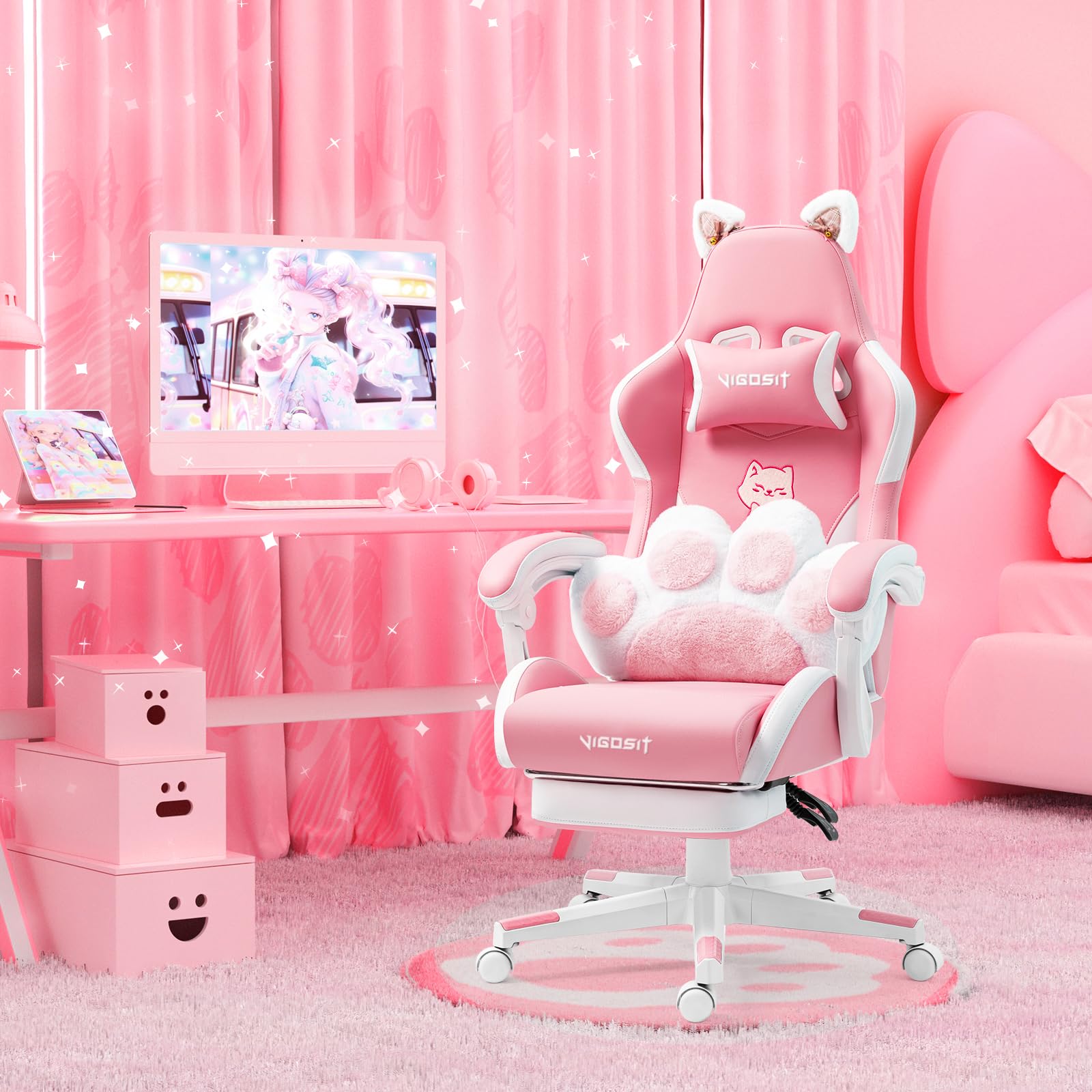 Vigosit Chaise de jeu PC mignonne, ergonomique, avec coussin lombaire et oreilles de chat, repose-pieds réglable, pour filles, adolescentes, enfants, rose