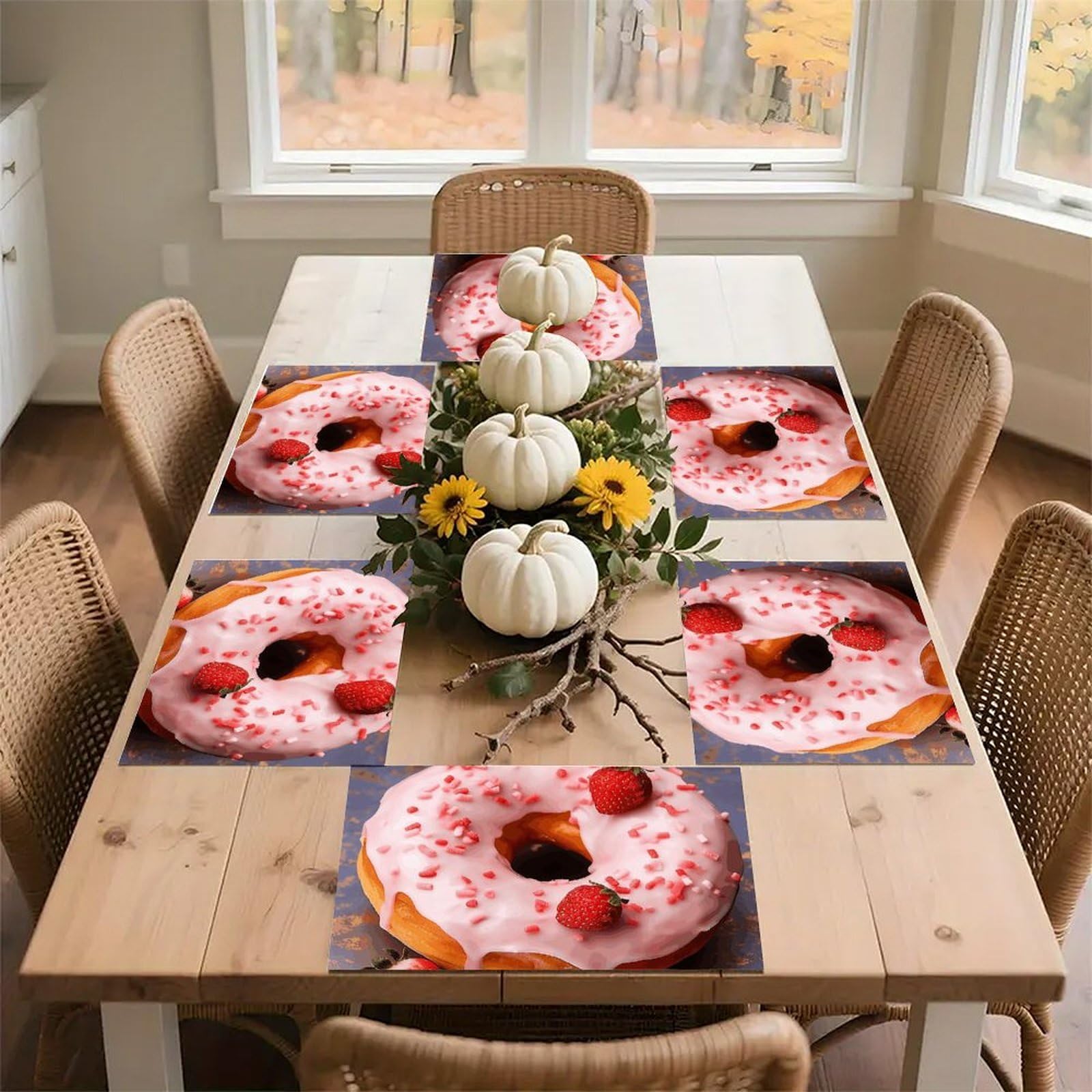 Strawberry Donut Place Mat for Restaurant, Portable Table Mat for Kitchen, Anti-Slip Placemats for Home, Fashionable Place Mats for Wedding, Party, Hotels, Apartments 30x45cm*6