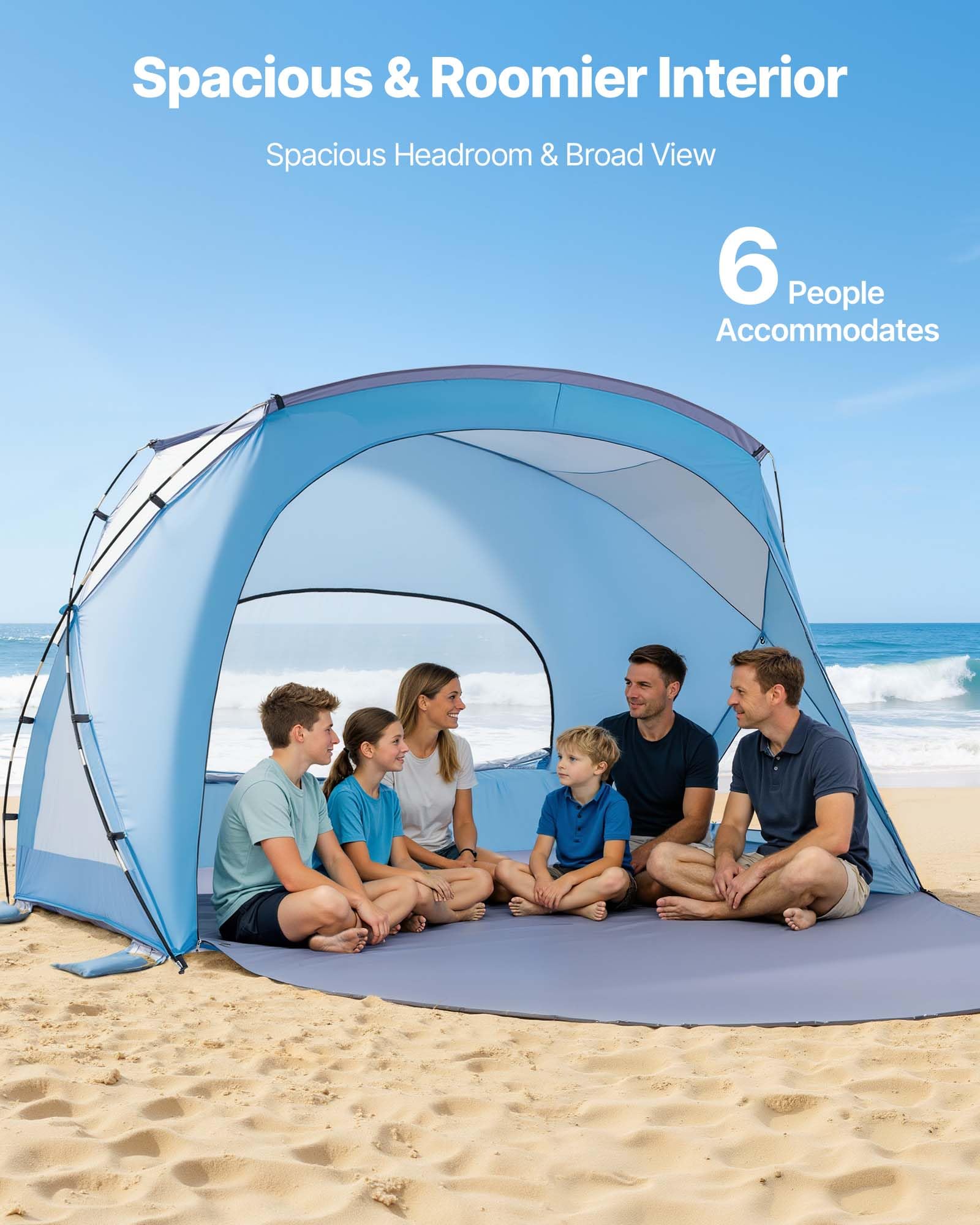 VEVOR Namiot plażowy dla 6 osób, UPF 50+, przenośny parasol plażowy z torbą do przenoszenia i kieszeniami na piasek, lekki i łatwy w instalacji, parasol plażowy na kemping