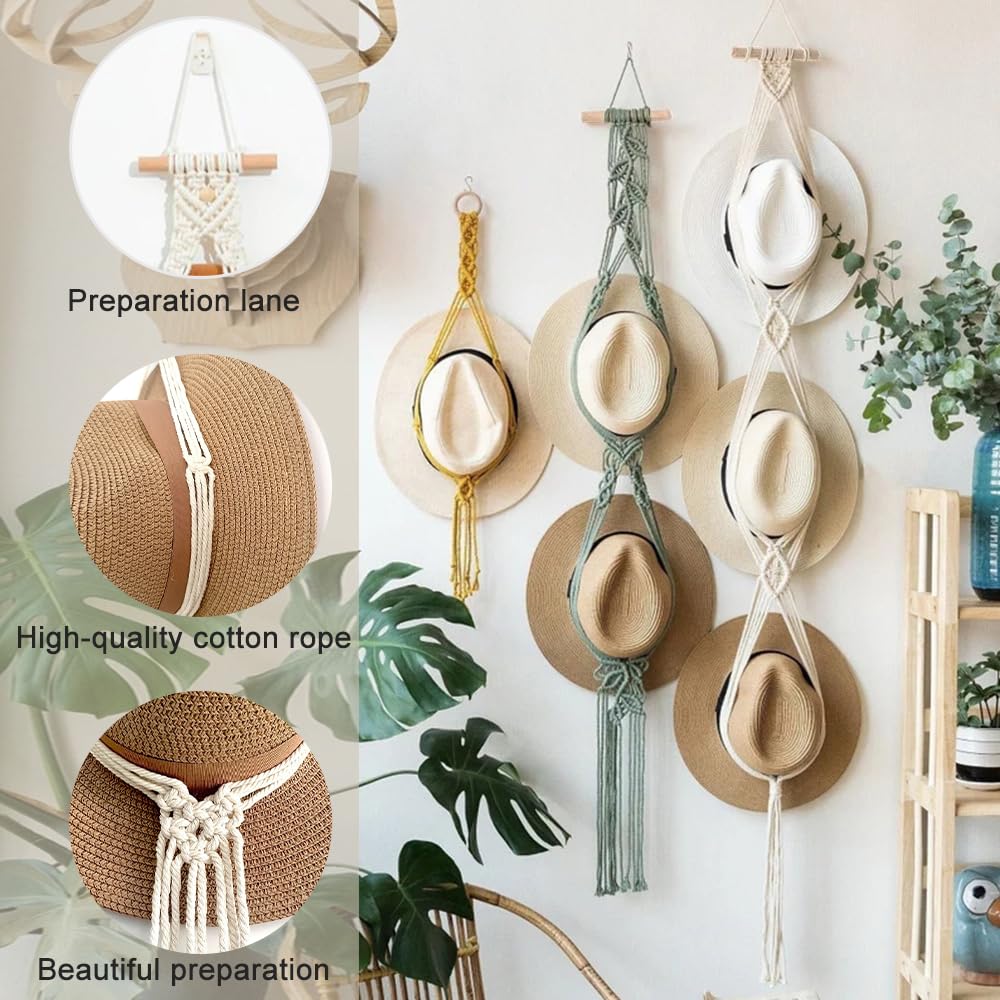 Paquete de 2 perchas para sombreros de macramé, soporte de cuerda de algodón para sombreros, soporte para gorras, perchas para puertas para sombreros de ala ancha, bufandas, bolsos, toallas
