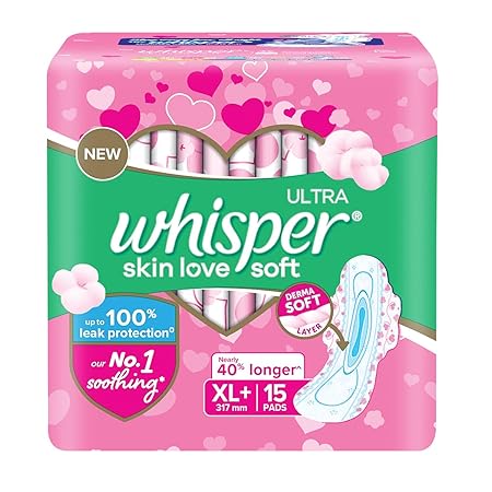 WHISPER ULTRA SKIN LOVE SOFT SANITARY PADS, 15 XL+ PADS, COTTONY SOFT, OUR #1 SOFTNESS, IRRITATION FREE, FOR INTIMATE SKIN, DISPOSABLE WRAPPER