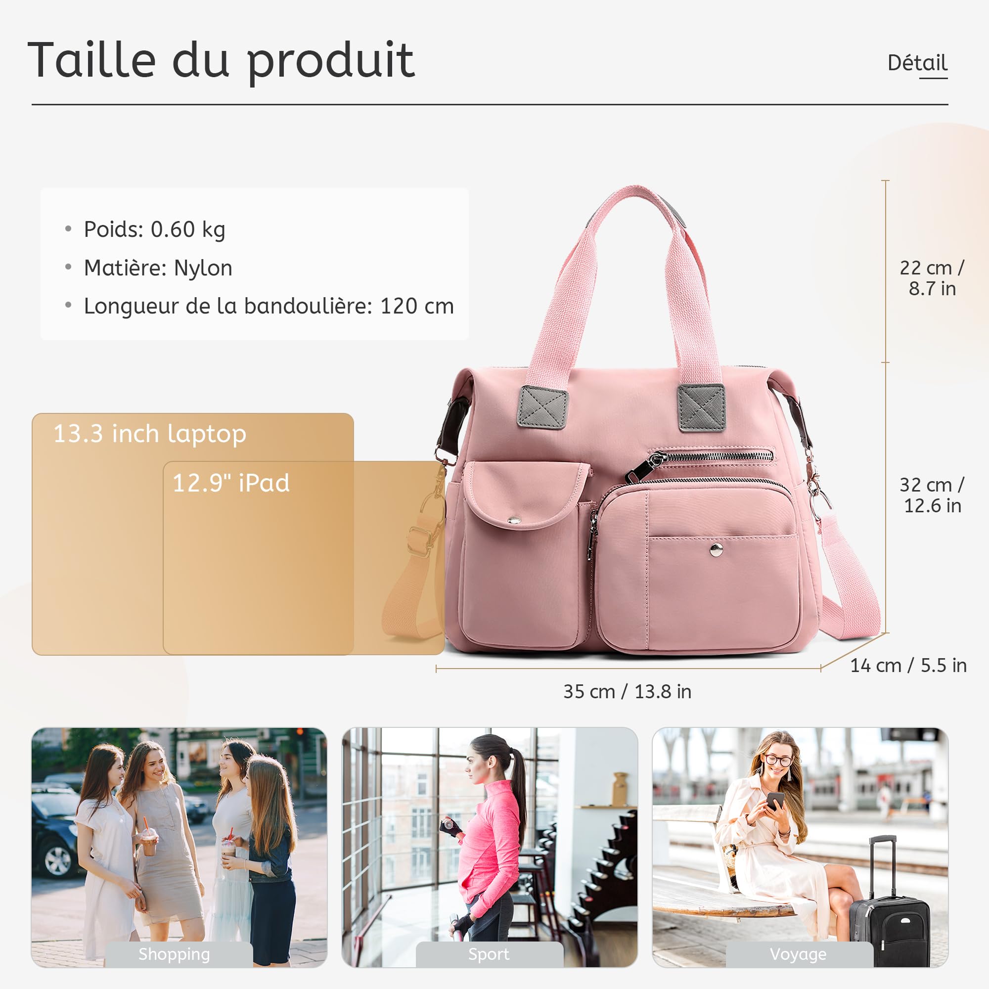 Sac À Main Femme Multi Poches - Sac Bandoulière en Nylon Imperméable avec Bandoulière Amovible, Grande Capacité, Idéal pour Travail, Voyage, Sport Et Shopping Rose Romantique