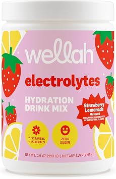 Wellah Electrolytes Powder Strawberry Lemonade 50 Servings | Hydration Drink Mix, 7 Vitamins & Minerals, Zero Sugar