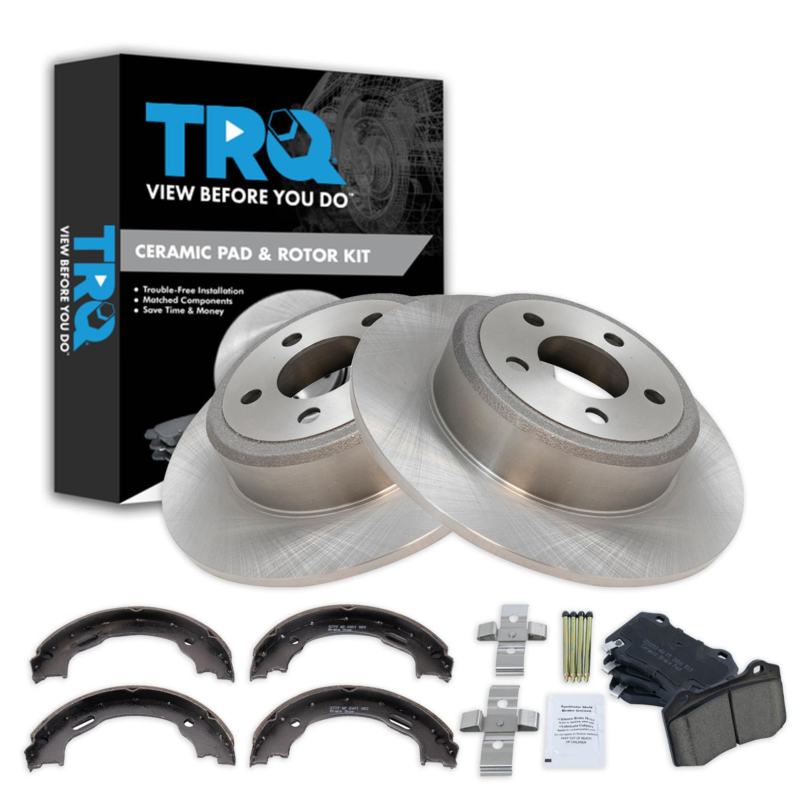 TRQ Rear Brake Pad and Rotor Set Ceramic Solid Rotors Parking Shoe Compatible with 2005-2014 Chrysler 300 2006-2008 Magnum 2006-2018 Dodge Charger 2009-2018 Challenger