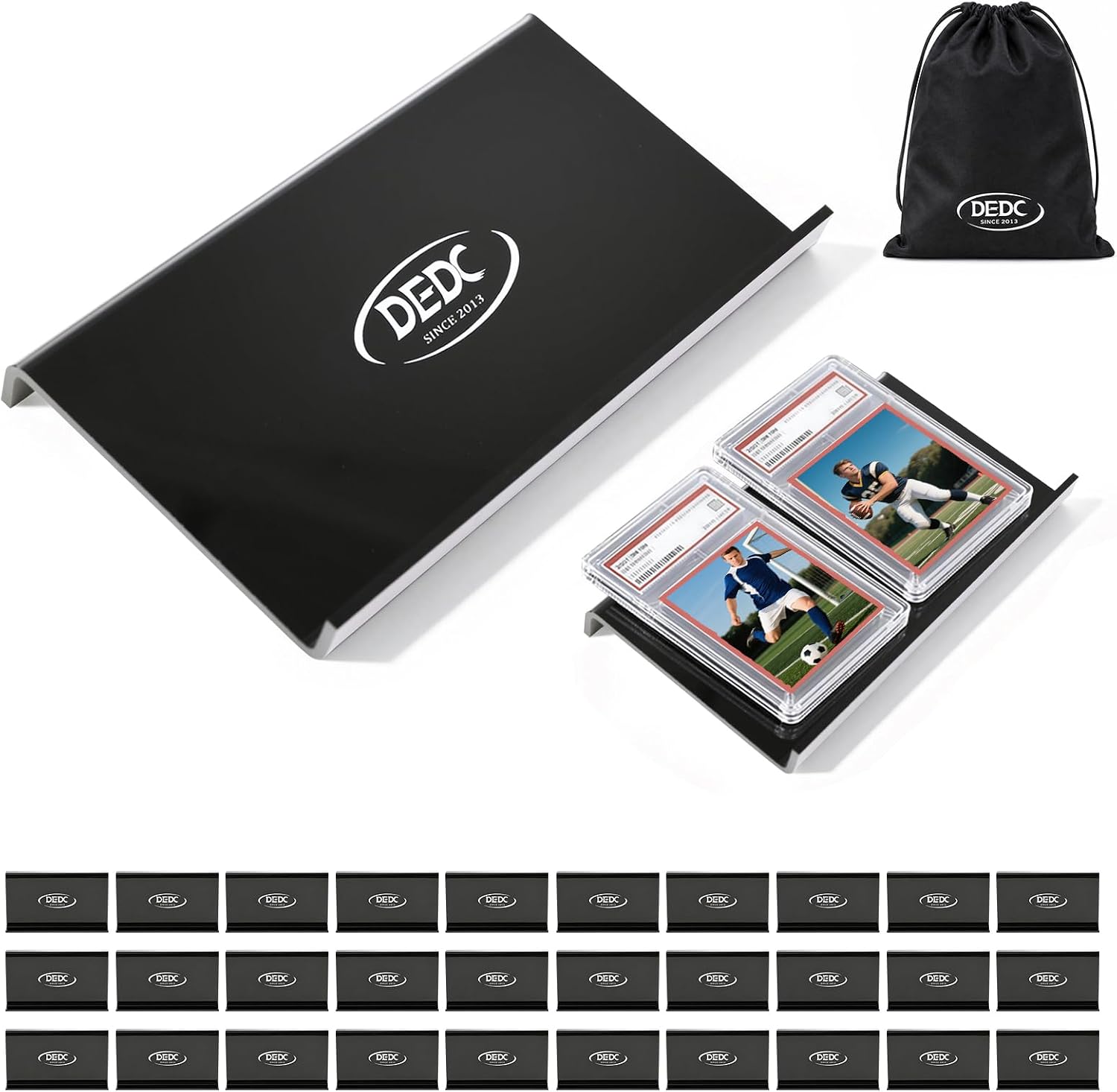 DEDC 30 Pack Modular Acrylic Graded Card Display Risers Black Trading Card Stands for Vendor Showcase and Sorting Tray
