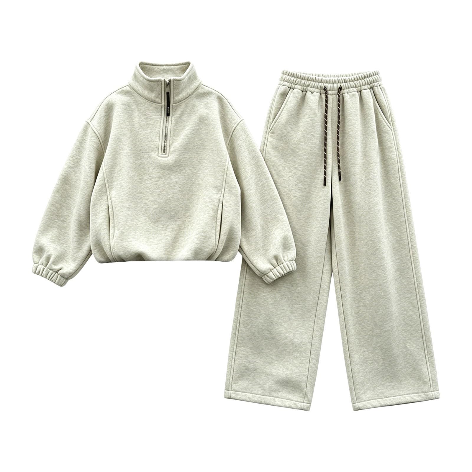 Tuta da ragazza con cappuccio e pantaloni della tuta con mezza zip, beige, 5-6 anni | Felpa con cappuccio e pantaloni sportivi per bambini, set da 2 pezzi, per la scuola, casual, comodo, con cerniera a un quarto