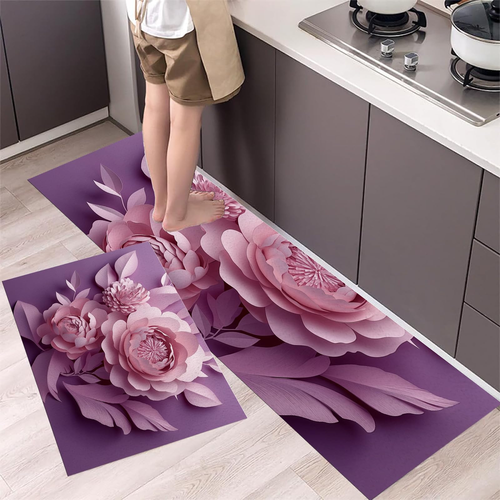 Juego de 2 alfombras antideslizantes duraderas con hermoso estampado de peonías