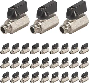 30 Pack Brass Mini Ball Valve, 1/4 Inch NPT Female x Male Shut-Off Valve