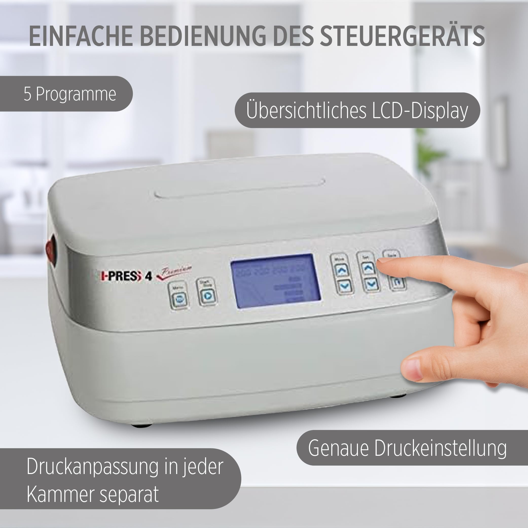 I-press4 premium Lymphdrainage-gerät Größe M für Beine und Bauch 5 Programme Speicherfunktion Medizinisches Gerät für Heimanwendung und Physiotherapie -*##