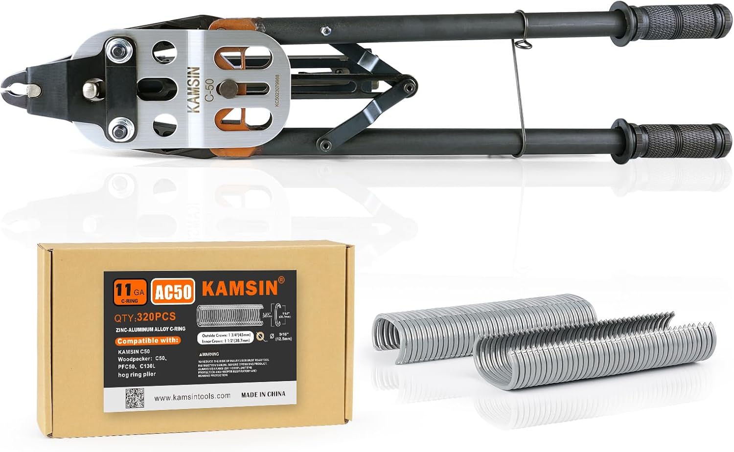 C50 11 Gauge Manual Hog Ring Plier 13.5-14mm Closure Dia bundle with 320pcs Zinc-Aluminum Alloy C50 Rings