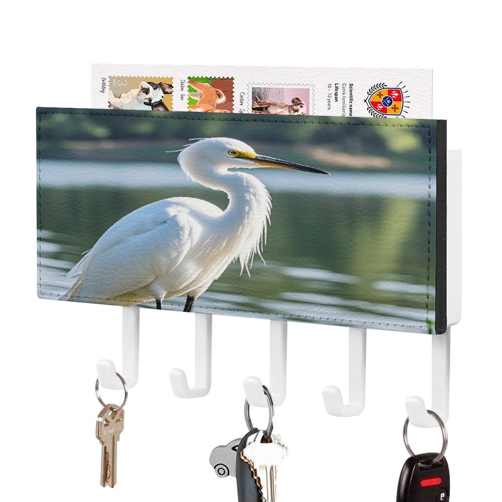 Fekiloot White-Style Heron Key Holder Wall Mount Key And Mail Holder Key Hanger With 5 Hooks Decorative Pu Key Rack Hanging Key Hooks For Wall Living Room Kitchen Bathroom Hallway
