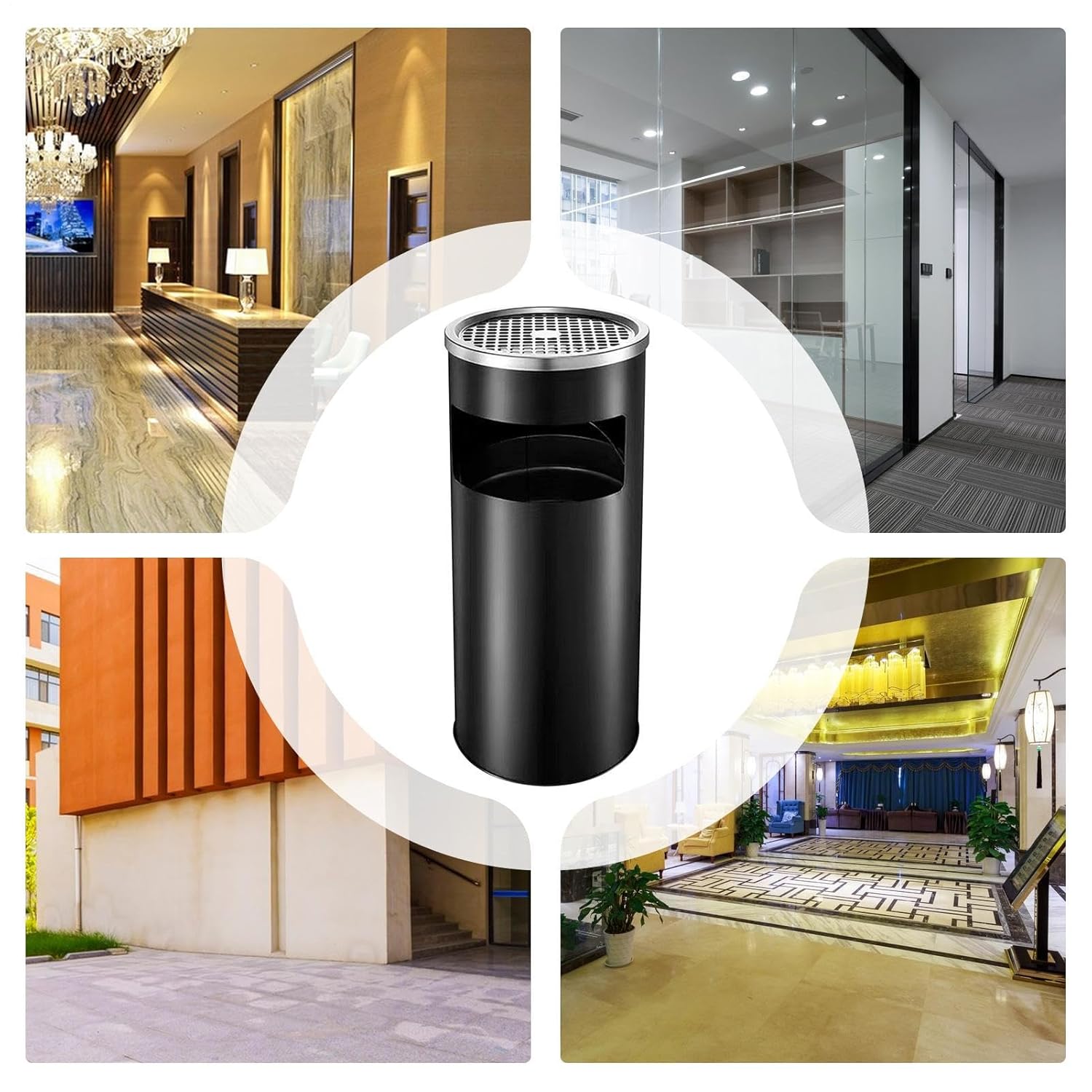Outdoor Trash Bin - Large Metal Garbage Container with Built-in Ashtray | Heavy-Duty Stainless Steel Waste Basket for Patio, Garden, Porch, Restaurant, Hotel, and Public Space Use