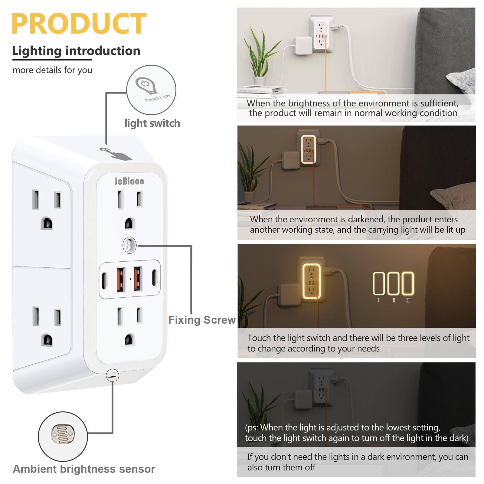 Steckdosenverlängerung mit Nachtlicht, Netzstecker-Adapter, 6 Steckdosenverlängerungen mit 4 USB-Ladeanschlüssen, 1050J Steckdosenleiste, Multi-Stecker-Adapter, Abstand für Zuhause, Reisen, Büro (2U2C