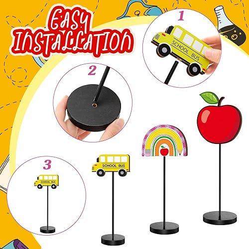 Miniatura 4 de Geetery 3 piezas de decoración de mesa de madera para el regreso a la escuela, centro de mesa de madera, regla de manzana, autobús escolar,