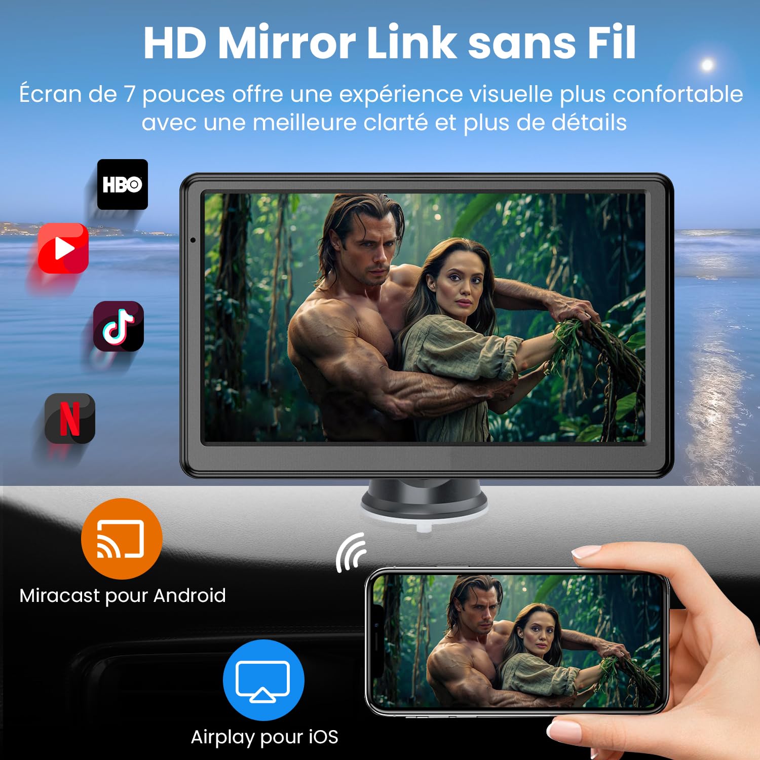 Autoradio sans Fil, CarPlay Voiture & Android Auto, Portable Stéréo de Voiture avec Contrôle Vocal, Navigation GPS, FM, MirrorLink, Bluetooth Appels avec Mains Libres (7" & Caméra de Recul)