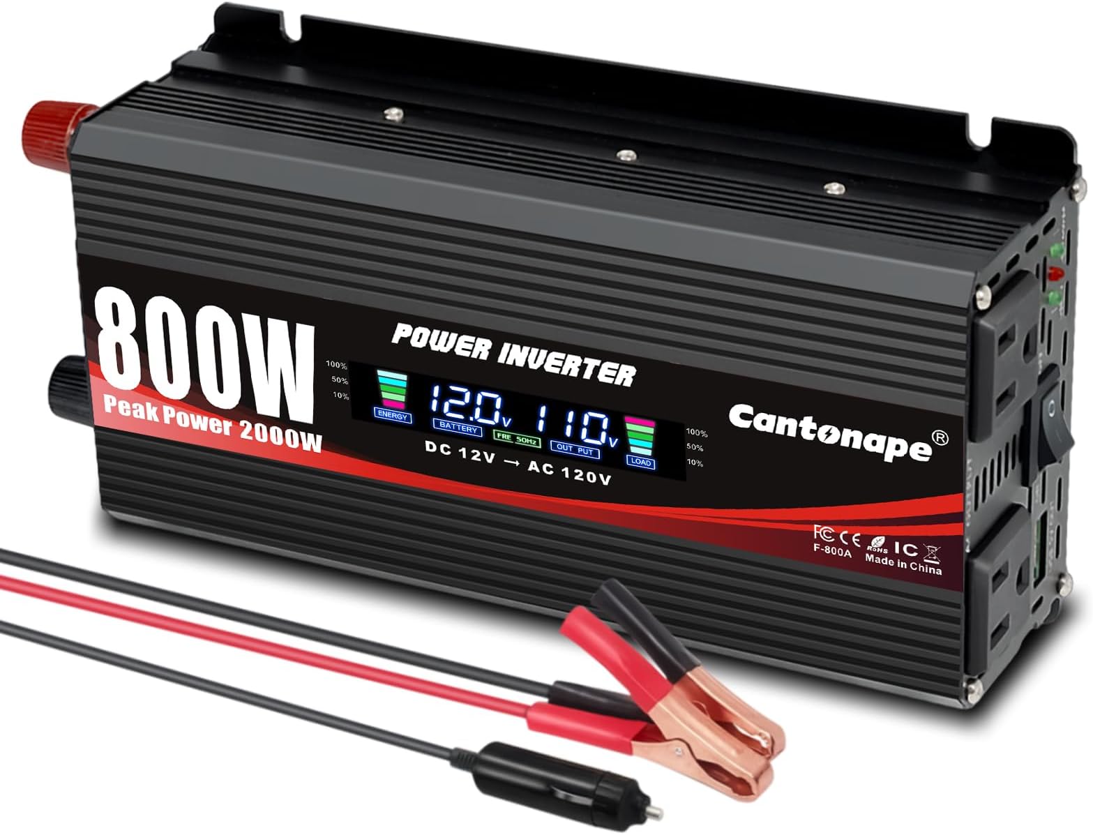 Cantonape 800W Car Power Inverter DC 12V to 110V/120V AC Converter with LCD Display Dual AC Outlets and USB Port Car Charger for Car Laptop Truck Black