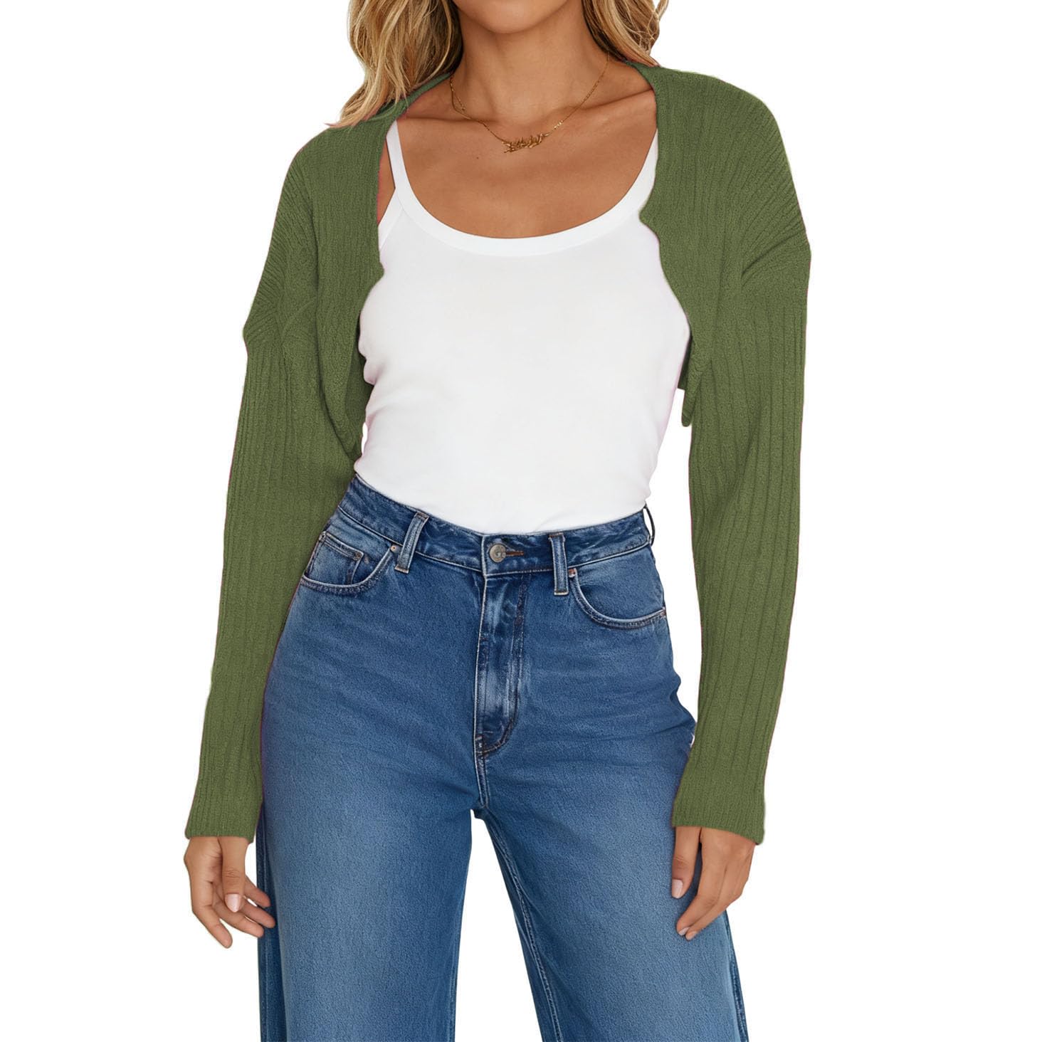 Women Long Sleeve Open Front Ribbed Knit Crop Cardigan Solid Loose Drop Shoulder Shrug Bolero Crop Sweater Top