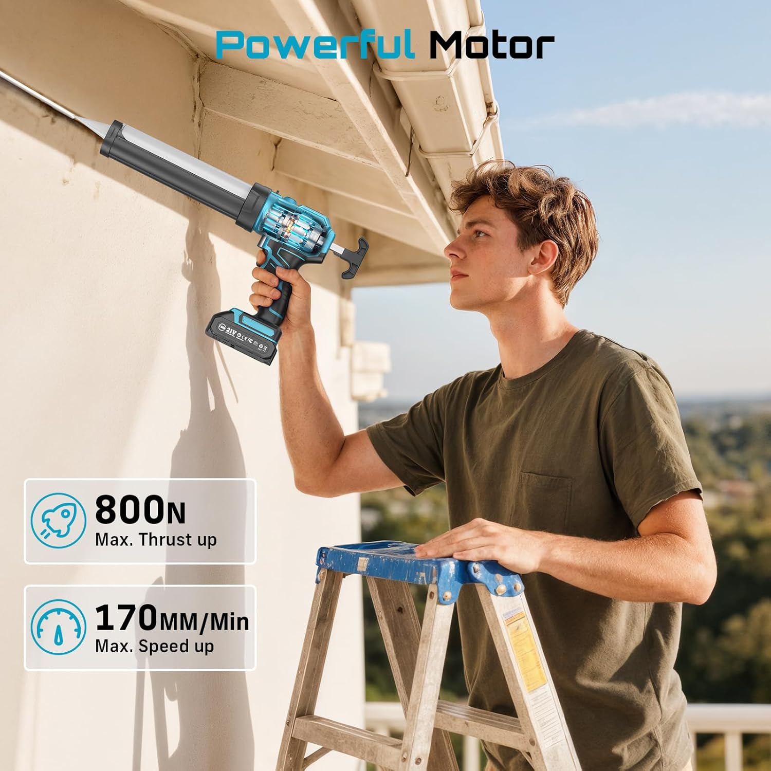 SEESII Cordless Caulking Gun, 21V Battery Powered Caulk Gun, Electric Caulking Gun w/2 x 2.0Ah Batteries, 9Pcs Caulk Remover Tool, LED Light, Auto Retract for Filling, Sealing Blue