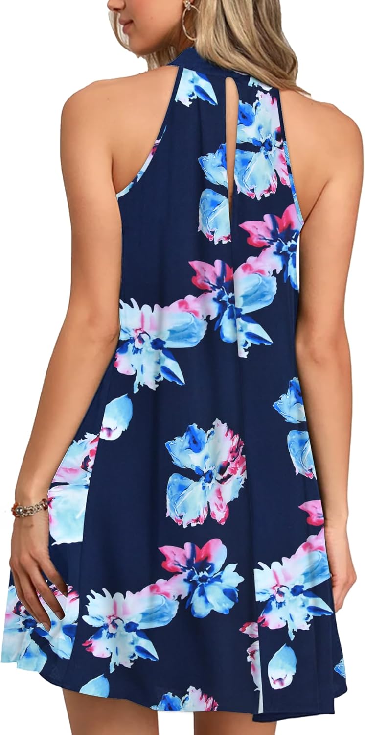WNEEDU Sommerkleider Damen Kurze Strandkleider Neckholder Ärmelloses A-Linie Kleider mit Taschen - Image 3
