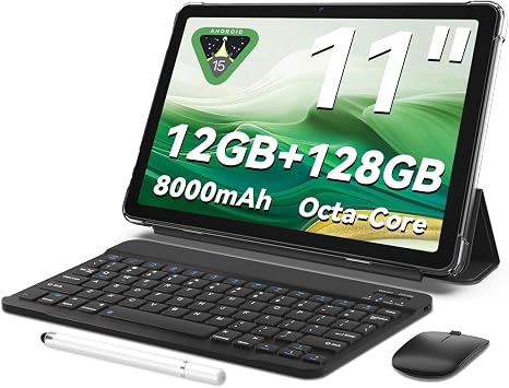 Tablet 11 inch Android 15 Tablets | Octa-core | 12GB RAM+128GB ROM | 8000mAh Tablet with Keyboard | Mouse | Case | Dual Band WiFi | BT 5.0 | GPS | 13 MP Dual Camera Blue with Keyboard Black