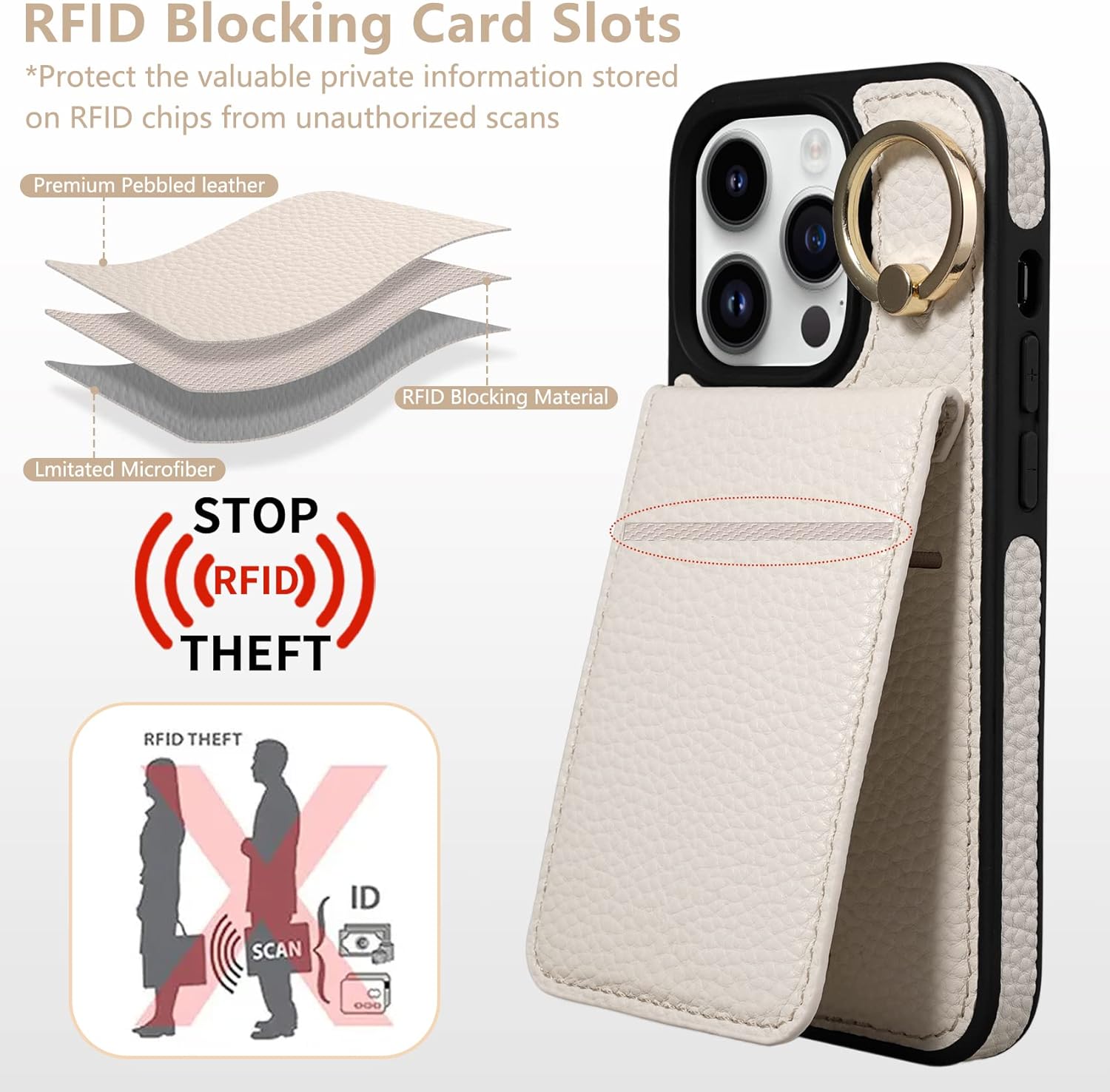 Keallce Case for iPhone 14 Pro 6.1'', Detachable Crossbody Wallet Case with RFID Blocking Card Slots, 360ｰStand Ring, Flip Leather Protective Cover Lanyard Shoulder Strap Women for iPhone 14 Pro,Beige - Image 4