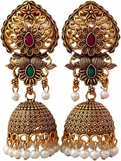 Traditional Antique Jhumka Earrings for Women | Pearl Drop Dome Earrings with Red & Green Stone | Ethnic Bridal Jewellery Price In India