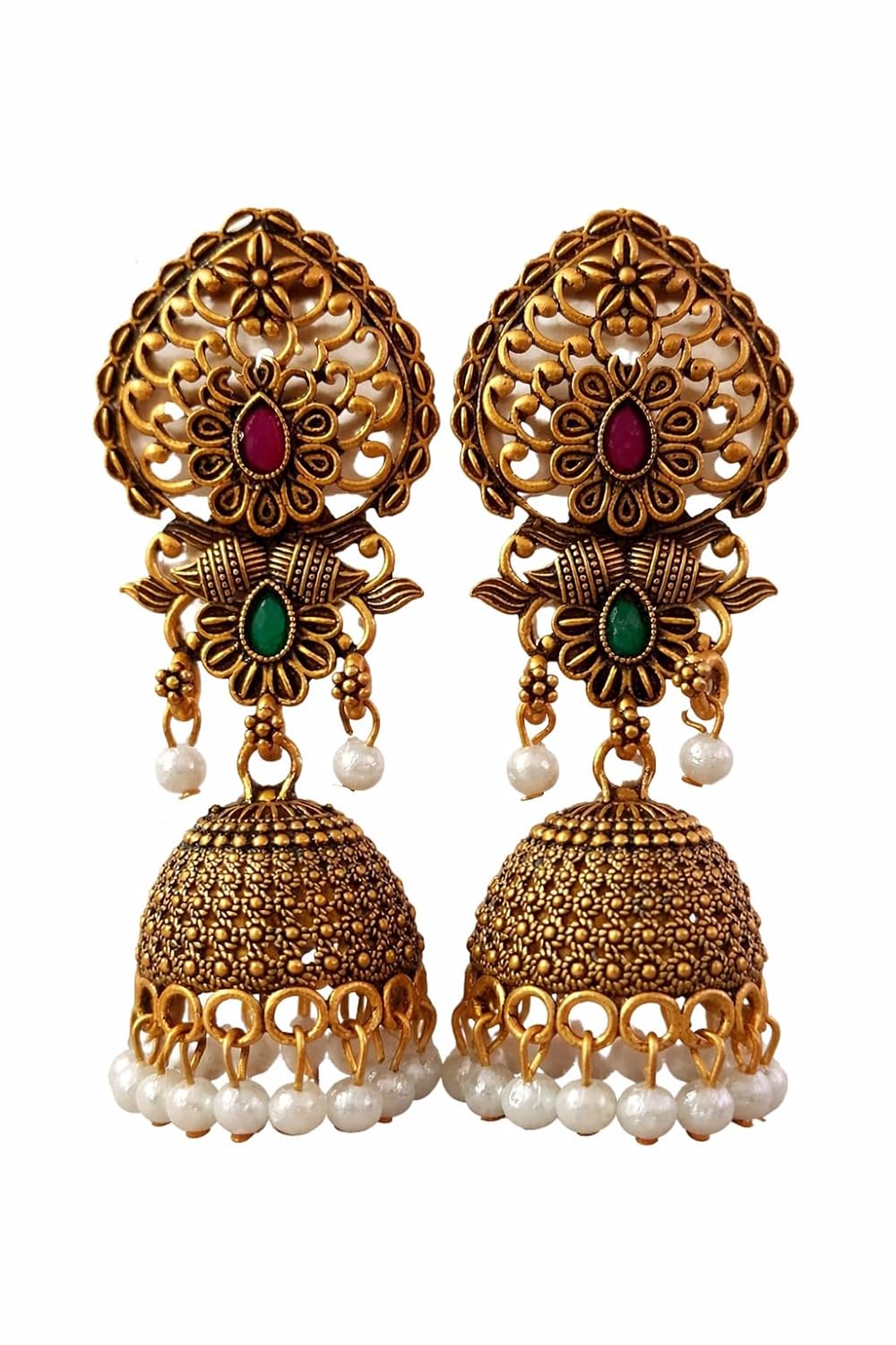 Traditional Antique Jhumka Earrings for Women | Pearl Drop Dome Earrings with Red & Green Stone | Ethnic Bridal Jewellery - Review, Price and Buying Guide