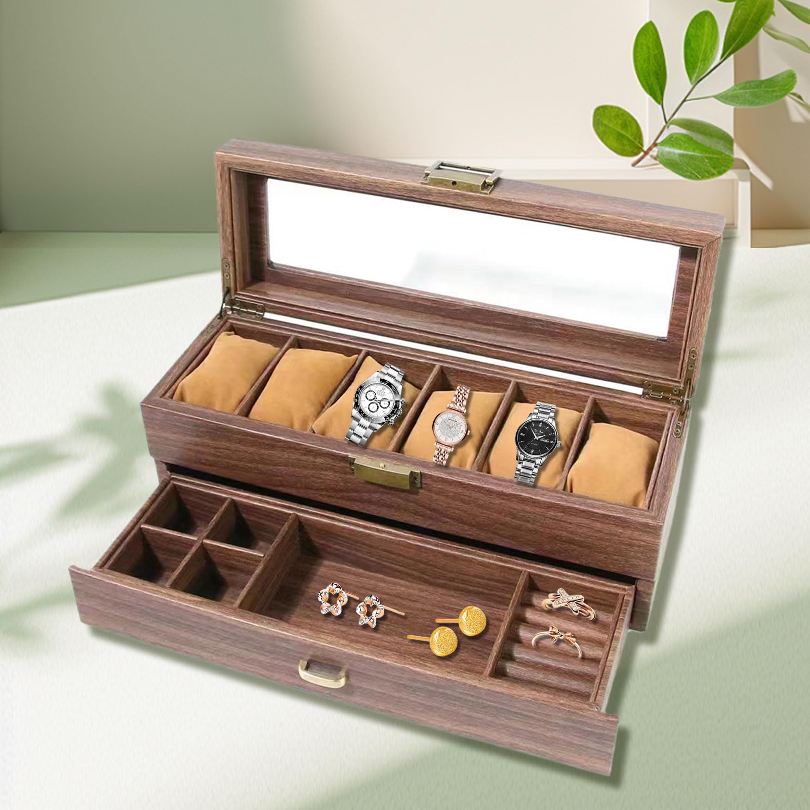 Elegante caja de reloj de grano de madera, práctico soporte múltiple para relojes con tapa de cristal y cajón de almacenamiento para hombres