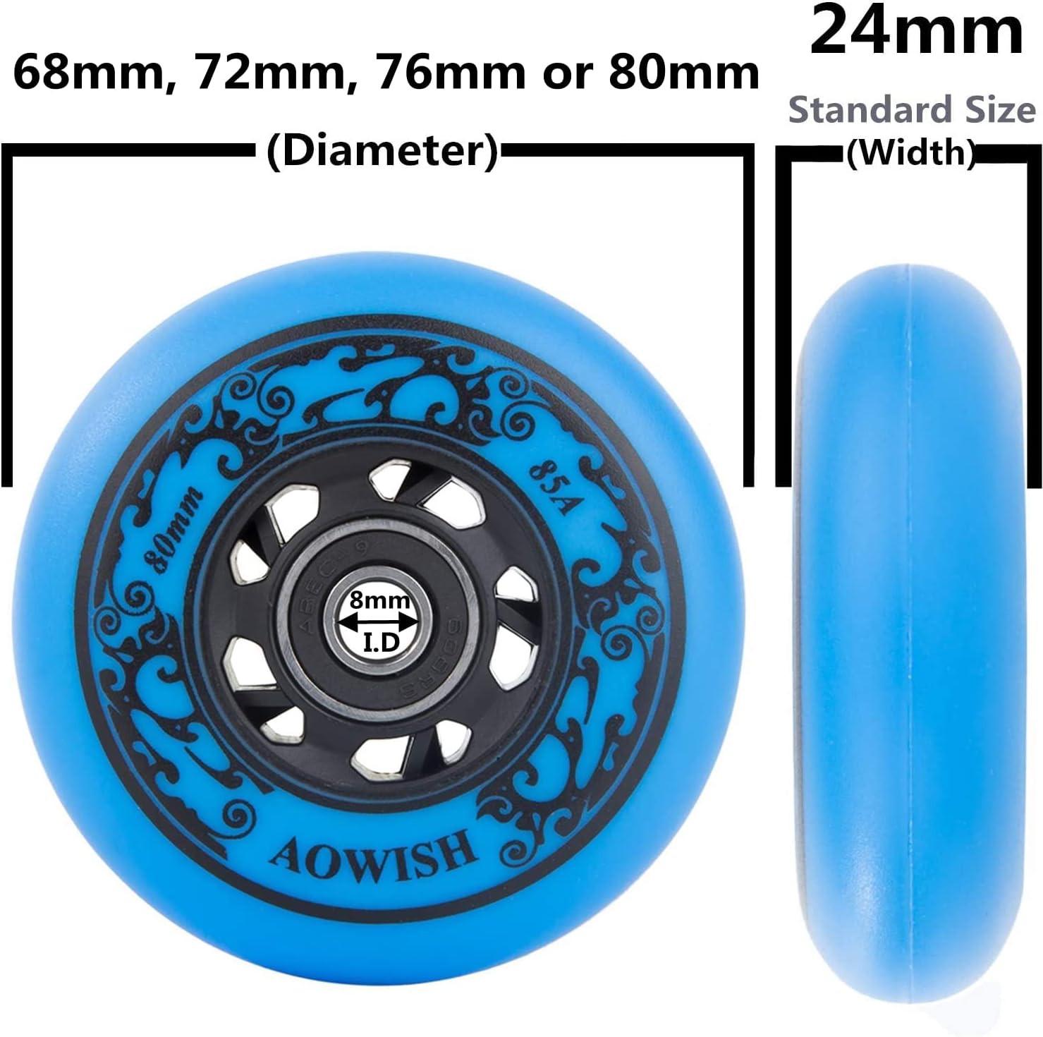 4-Pack Inline Skate Wheels Outdoor Asphalt Formula 85A Hockey Roller Blades Replacement Wheel with Bearings ABEC-9 and Floating Spacers (Blue, 68mm)