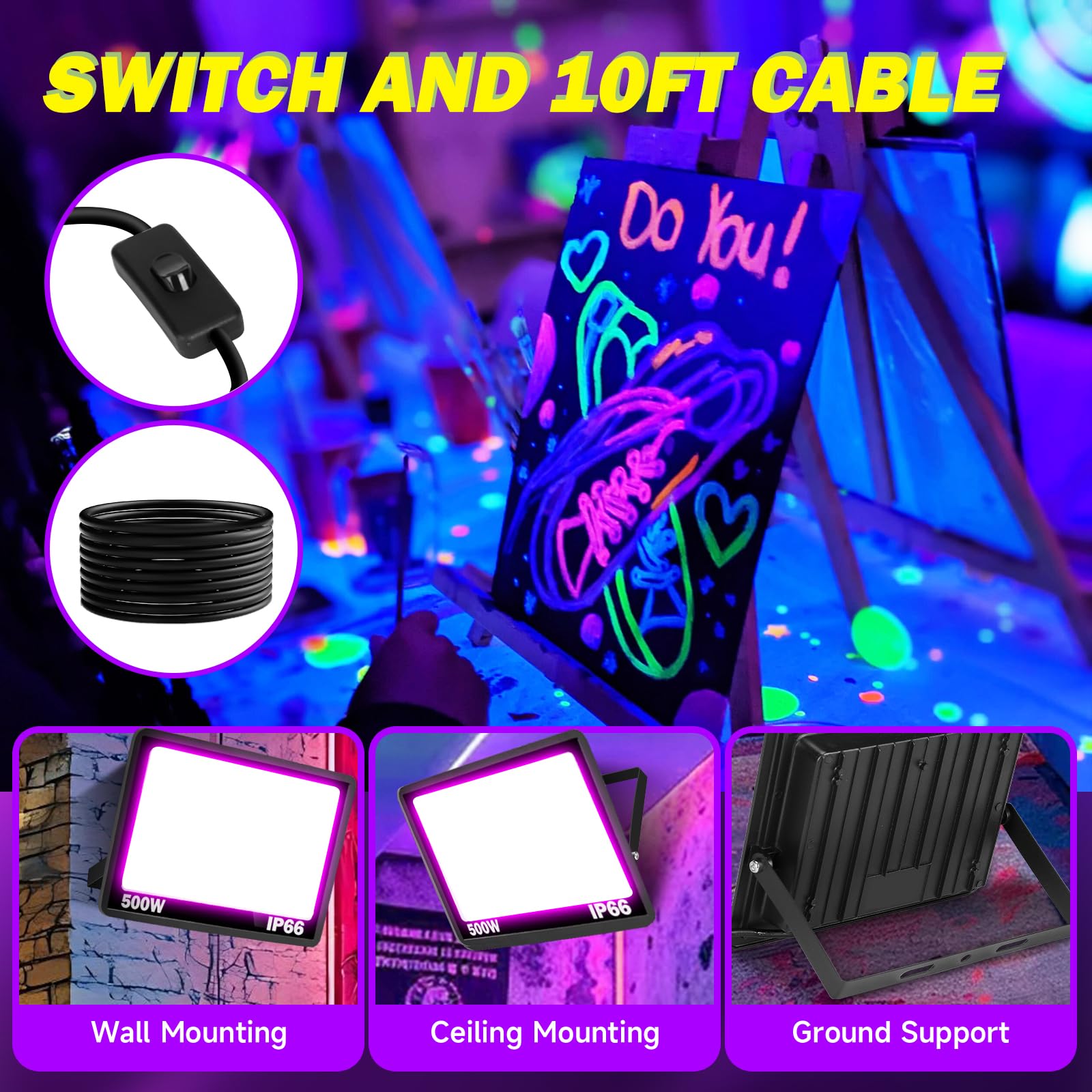 NEWREACH 500W LED Black Light Floodlight – 2 Pack, IP66 Waterproof Outdoor, With Plug Switch Cord For Parties & Halloween