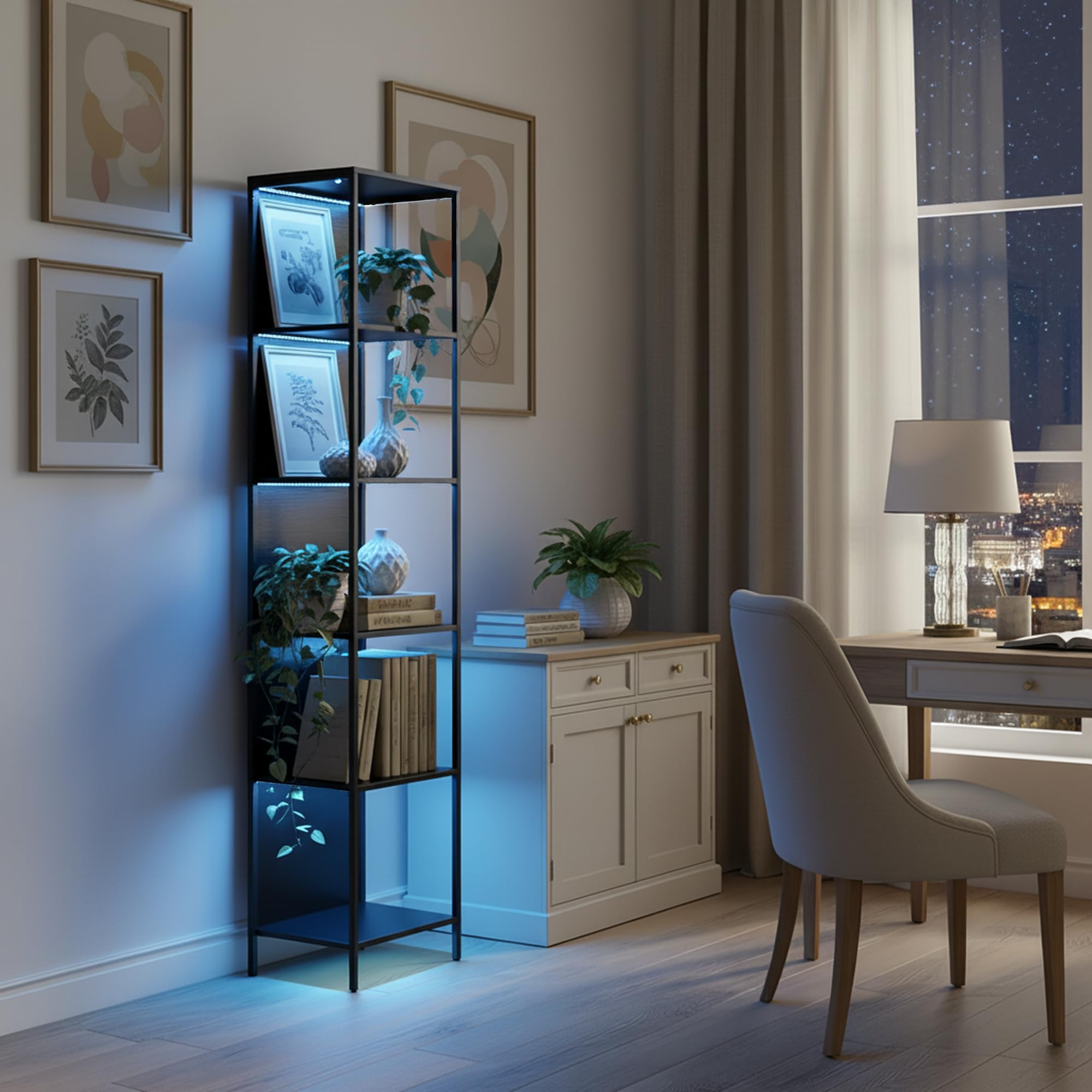 EGGREE Offene Sammlervitrine mit LED-Beleuchtung,Regal mit 6 LED Farben Beleuchtung, Vitrine für Sammlerstücke Bücher Wein, für Büro Wohnzimmer Küche, 40x30x178cm | Offene Sammlervitrine, 6 LED-Farben, Regal für Sammlerstücke, Bücher, Wein, geeignet für B