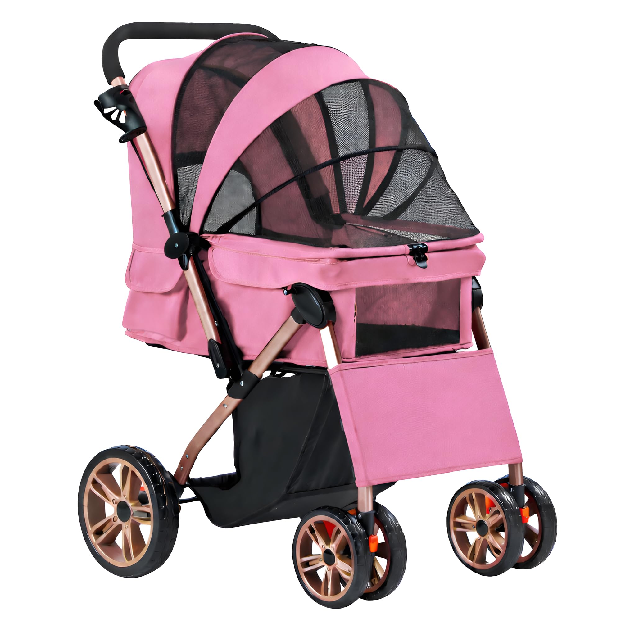 Foldable Pet Stroller, Cat Dog Buggy for Small Medium Dogs with Storage Basket Cup Holder, Mesh Windows 360° Rotating EVA Wheels with Brakes Dog Pushchair Folding Pram for Cats and Puppies (Pink)
