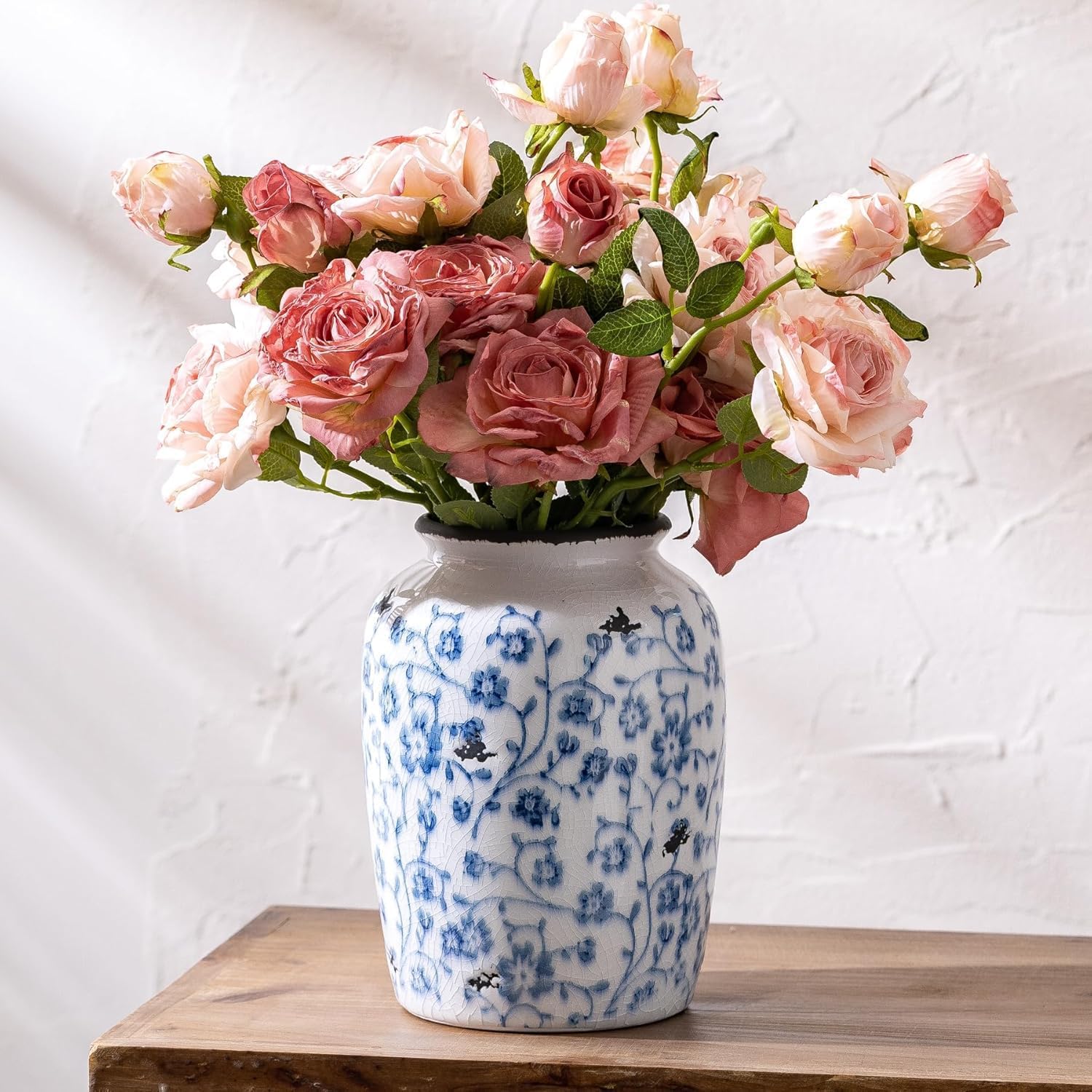 Blue and White Ceramic Vase, Vintage Rustic Ceramic Antique French Vases for Flowers, Farmhouse Decorative Vase for Living Room, Bedroom, Dining Table 7.8 Inch - Image 2