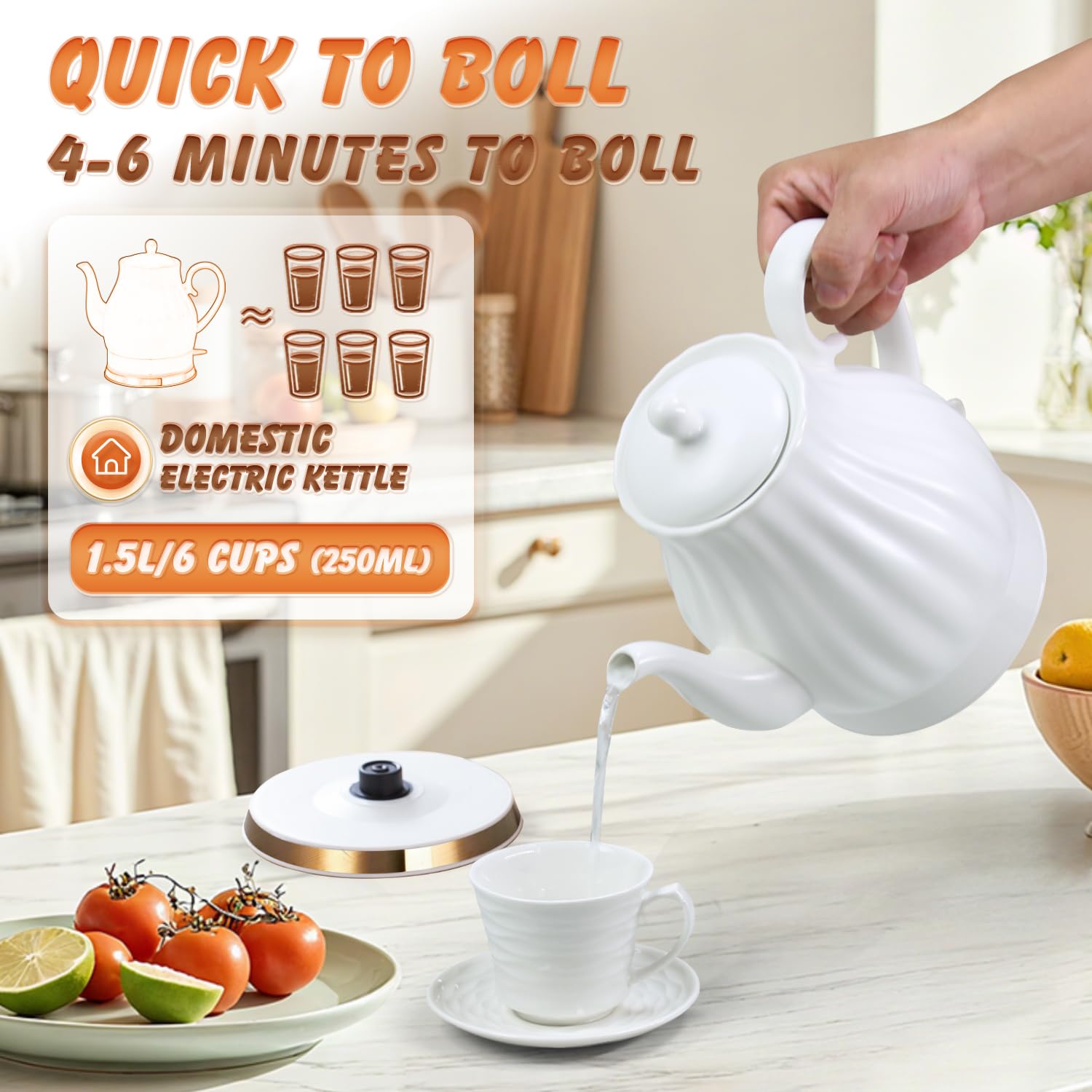 Ceramic Electric Kettle, 1.5 Liters/1200W Electric Tea Kettle, Heats Water Quickly, Automatic Shut - off, Boil - Dry Protection, Free Of BPA, Matte White