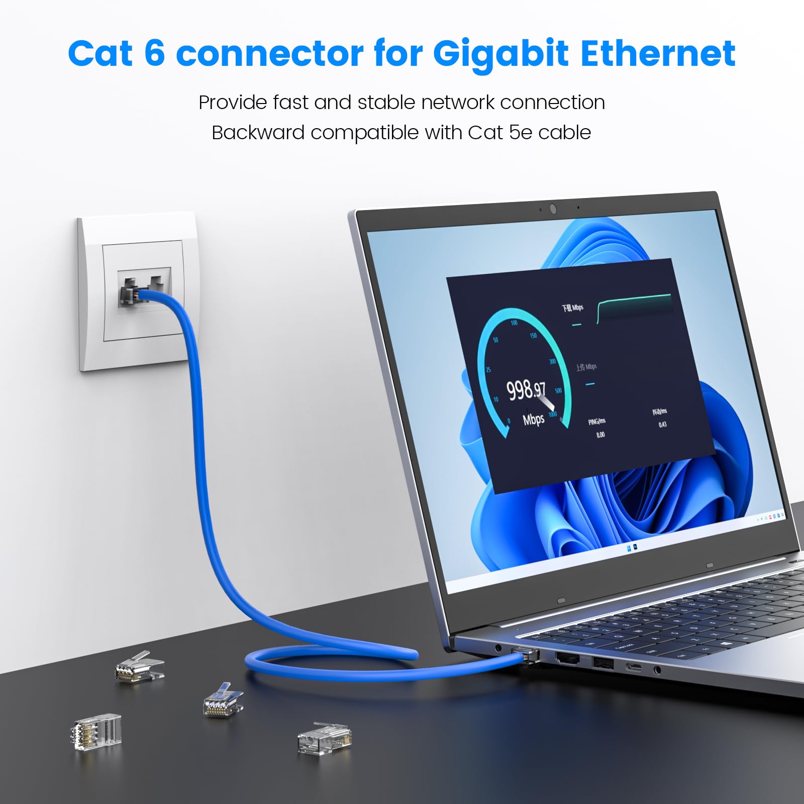 MOGOOD 10 Pezzi Connettori RJ45 Cat6 10Gbps, Contatti Placcati in Oro, Connettori a Crimpare Compatibili con Cavi Ethernet Cat6 e Cat5e