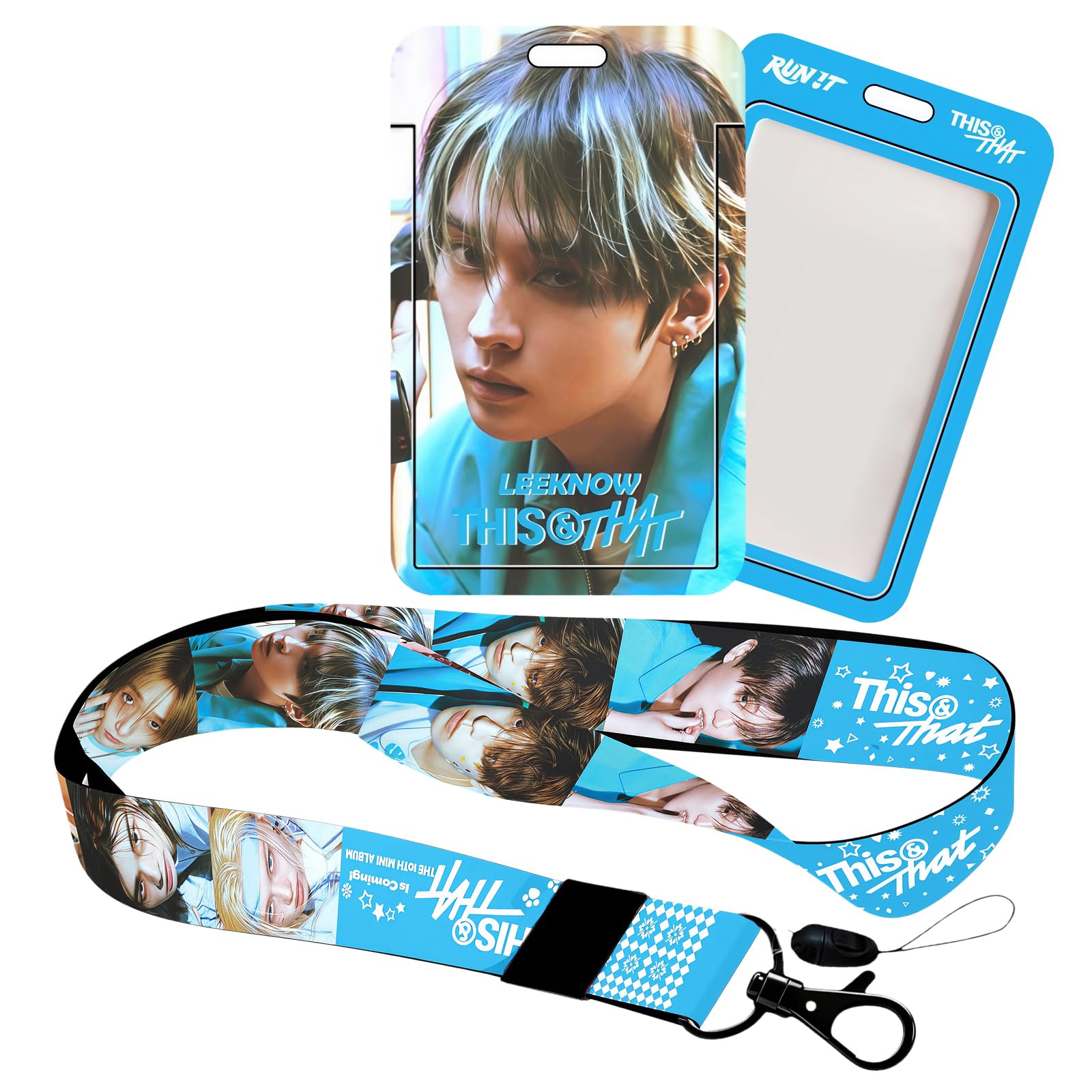 Stray Kids Run IT Photocard Holder Case and Lanyard Set, 1 Pcs Lanyard & 1 Pcs ID Photo Holder Stray Kids Plastic Badge Holder with Strap SKZ Merch Gift (LEEKNOW3)