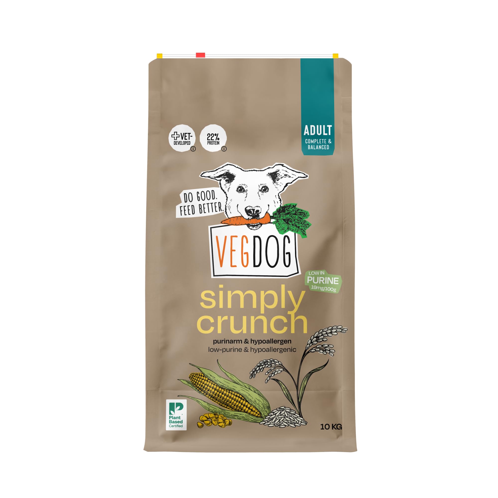 VEGDOG Simply Crunch - Cibo secco ipoallergenico (10 kg), per cani adulti, senza glutine e soia, ben tollerato, a basso contenuto di purina; alimento completo per chi soffre di allergie con proteine