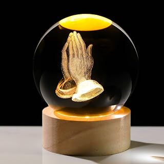 3D Hands Prayer Crystal Ball with Wodden Base Religious Christian Glass Prayer Hand Gifts for Women Men Christmas Night Light Figurine Home Decor Lamp (Diameter 2.36 inches)
