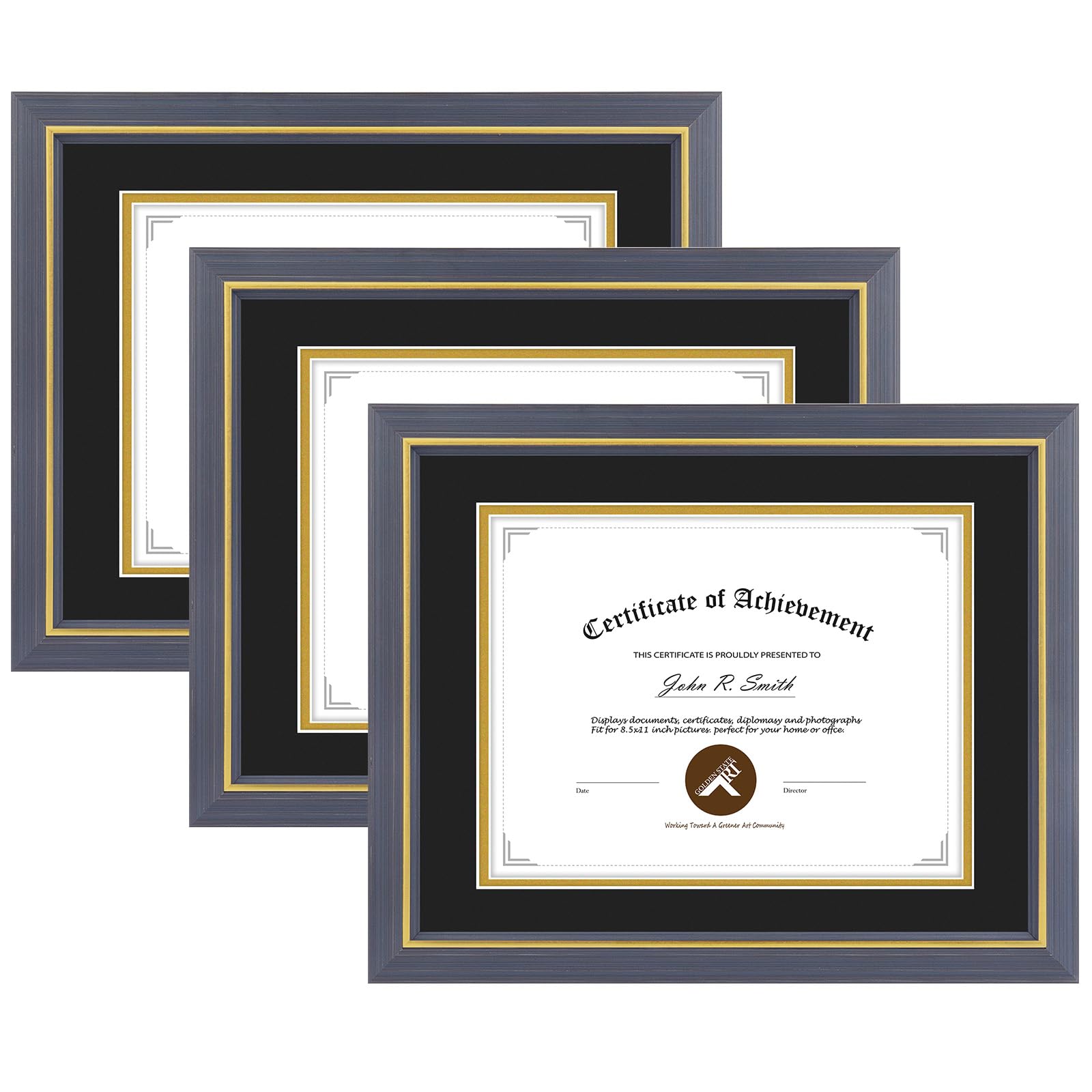 11x14 Diploma Frame Blue Gold Trim Fit 8.5x11 with Black W Gold Double Mat