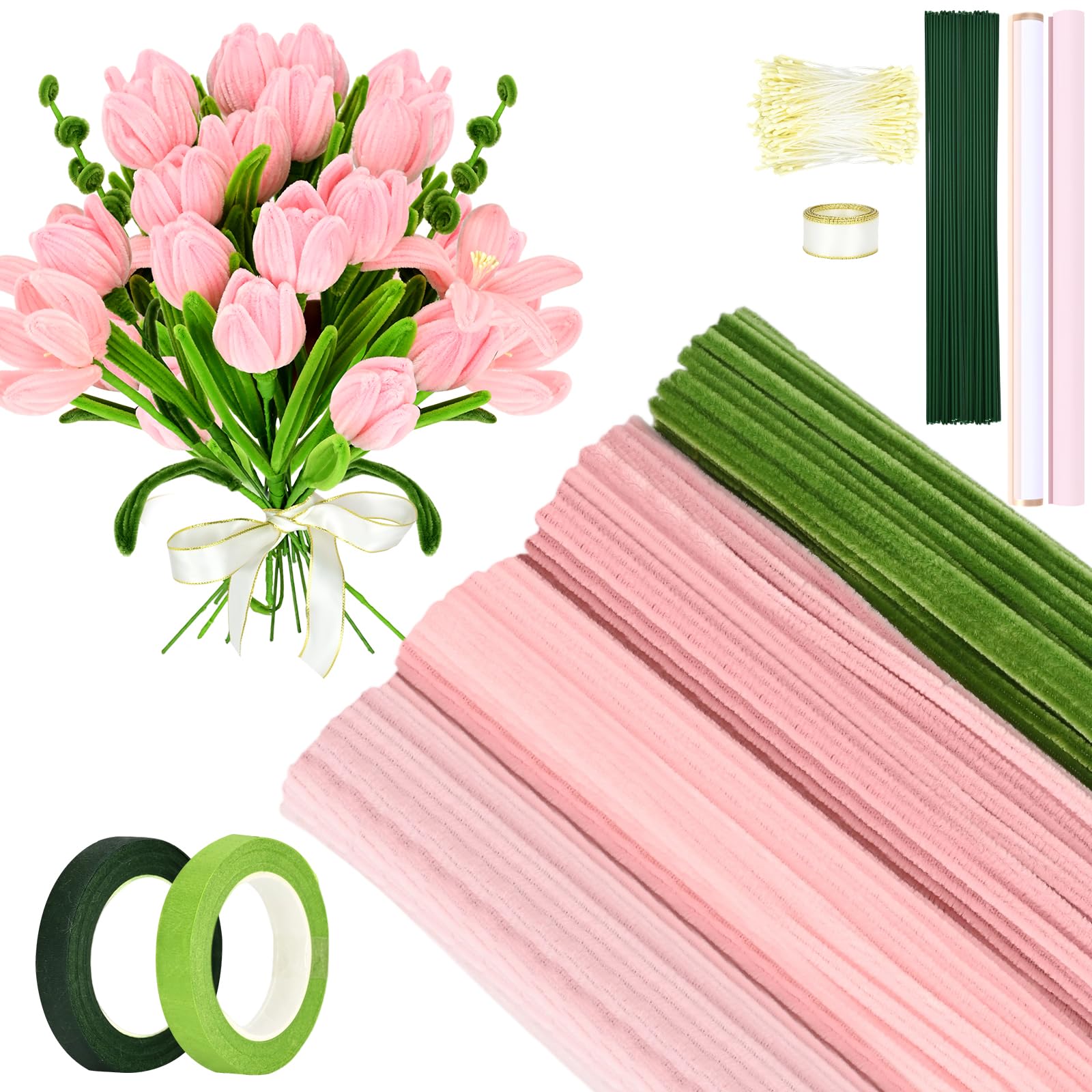 Vinitoy Pipe Cleaners for Craft Flowers, 400+ PCS Pipe Cleaners Set, Chenille Stems for Tulip Bouquet, Fluffy Fuzzy Sticks for DIY Flower, Arts & Crafts (Pink)