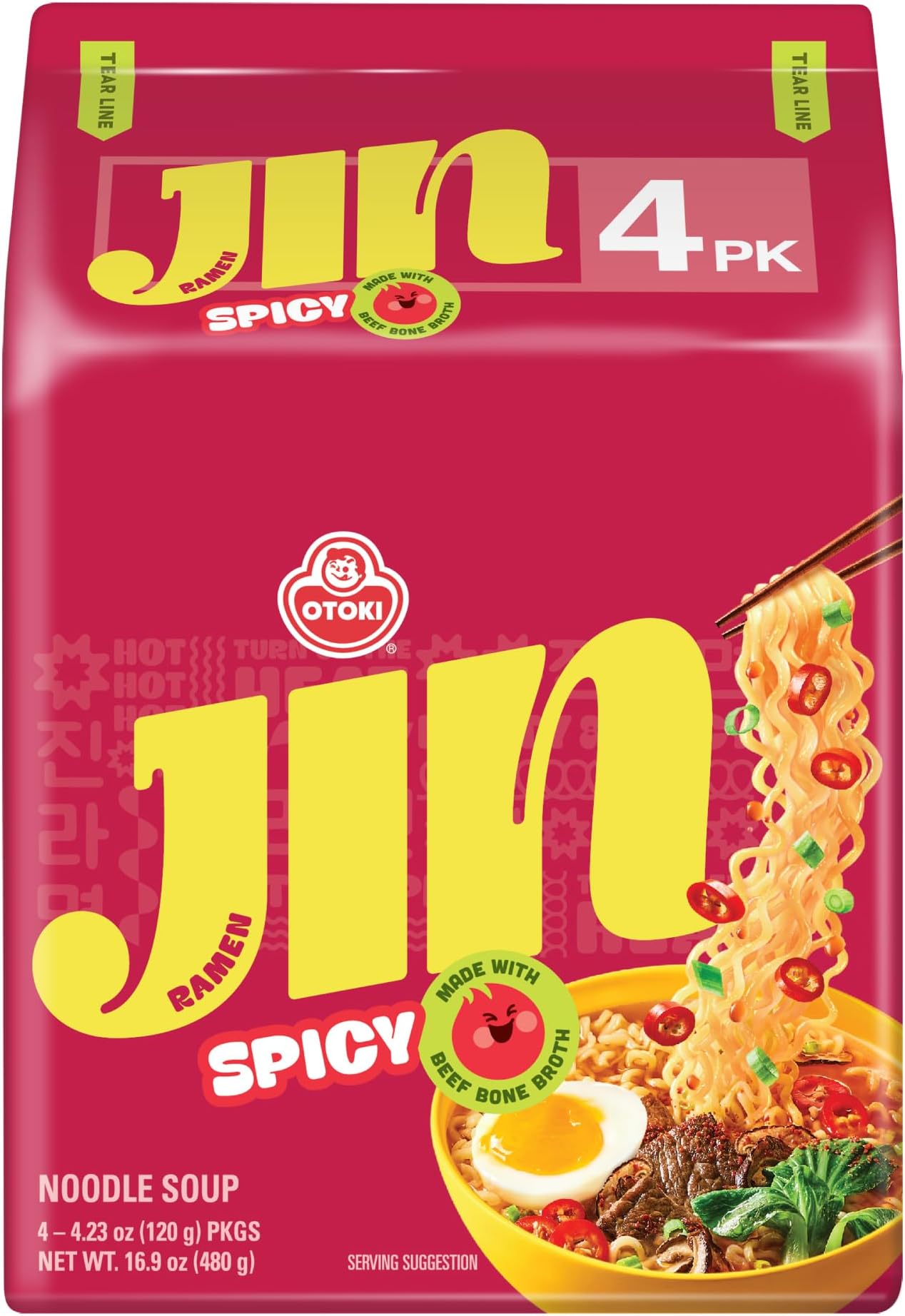 OTOKI Jin Ramen Spicy Korean Instant Ramen, 13-Hour Simmered Beef Bone Broth, Bold Spicy Flavor, Ready in 4 Minutes, 4.23 oz (Pack of 4)