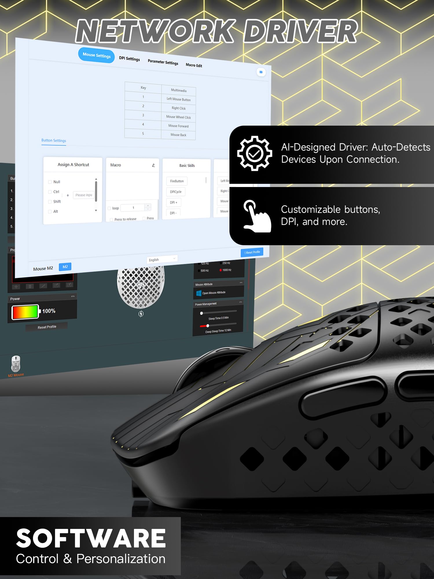 MAMBASNAKE M2 Ultra-Lightweight Wireless Gaming Mouse, PAW3395PRO Sensor 40000 DPI, 41g Carbon Fiber, Mouse Coiled Cable, Tri-Mode 2.4G/Bluetooth/Wired, 100M Clicks, Cloud Driver, Ergonomic Design - 5