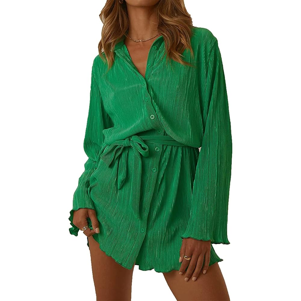 ワンピース VETEMENTS Women Mid Skirts WE64DR440ZKHAKI GREEN Pleated Detail Belted Short Sleeve Midi Dress | Isaac Mizrahi