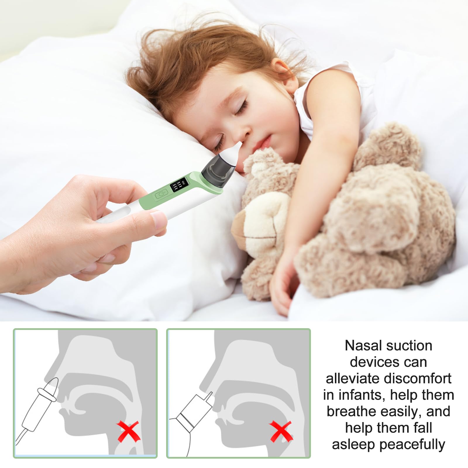 Aspiratore nasale per bambini, aspiratore nasale elettrico, aspiratore nasale, aspiratore nasale con 6 livelli di aspirazione e 2 punte in silicone ricaricabile, per neonati e bambini piccoli (verde)
