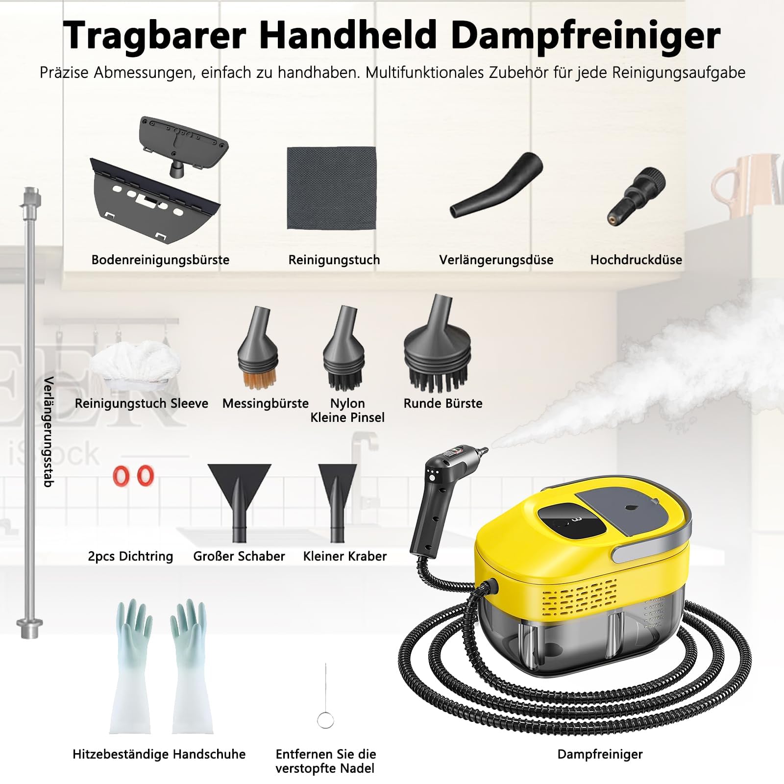 2026 neu 3-stufig einstellbarer dampfreiniger handgerät, 10 Sekunden Aufheizzeit und 1600 ml großer Tank Handdampfreiniger, Dampfreiniger für Haushalt und Auto, Küche, Fenstern (Yellow, 1 Set)