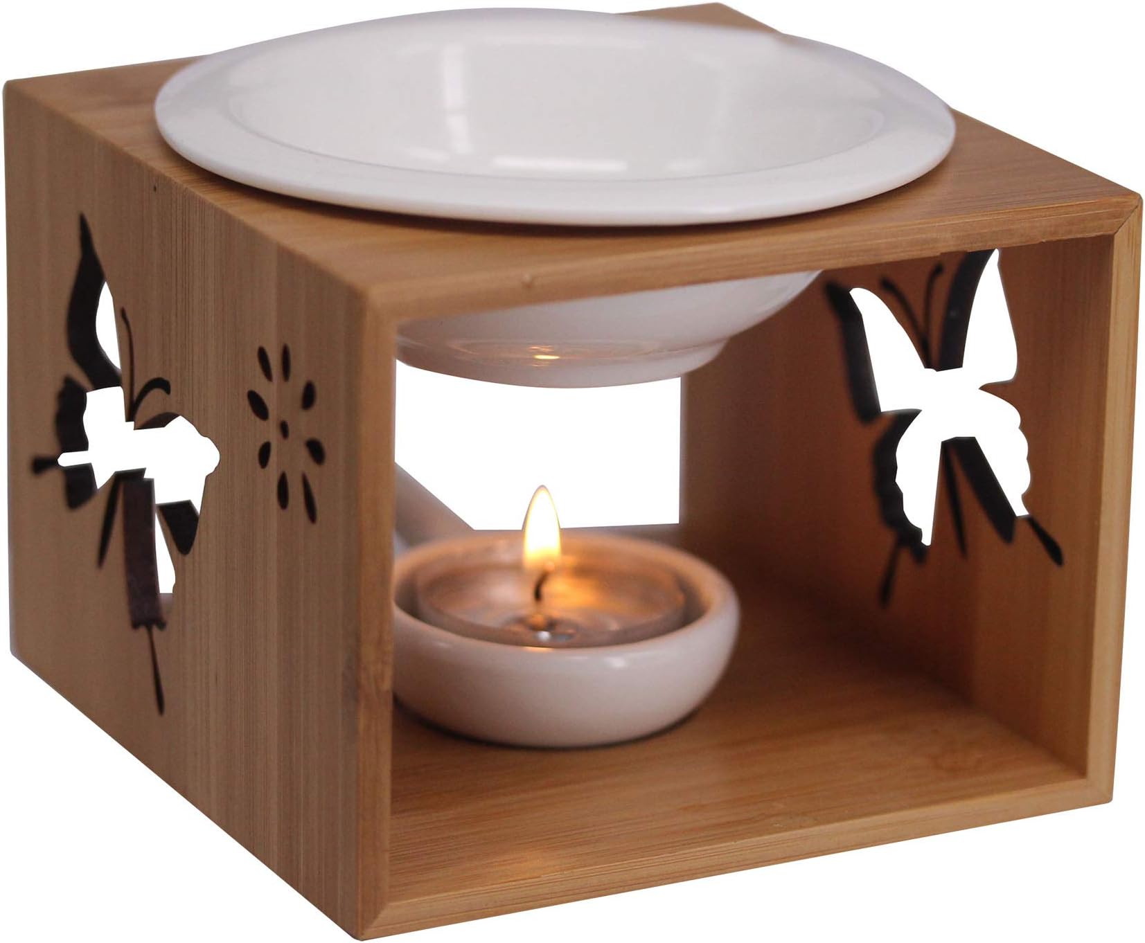 DELIWAY 100ML Ceramic Scented Oil Burner,Wax Melt Warmer with Tea Light Holder,Cool Home Fragrance Diffuser for Spa Yoga Meditation (Bamboo Butterfly)